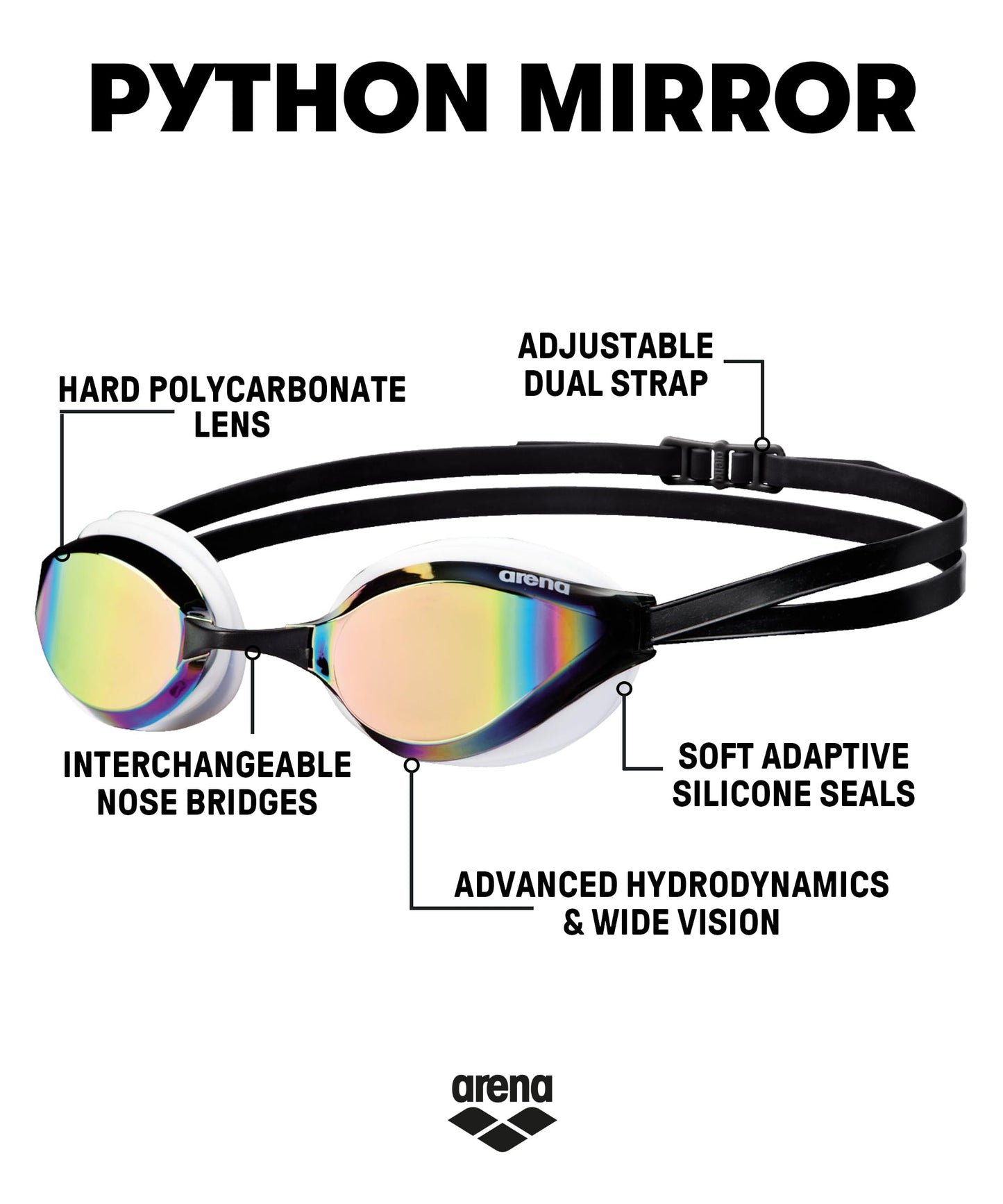 Arena Goggles Natación Python Mirror única, Negro/ Multicolor
