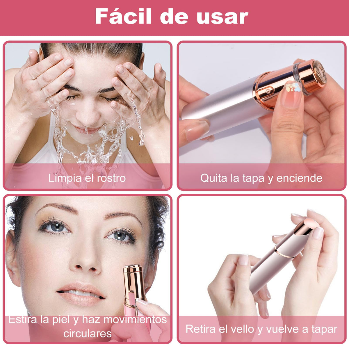 BALYSTOK Depiladora Facial Mujer Flawless con Luz LED, Sin Dolor, Portátil y Recargable, Removedor de Vello Facial para Labios, Cejas, Nariz, Barbilla, Bikini y Axilas, con 2 Cabezales de Repuesto y 1 Cepillo de Limpieza