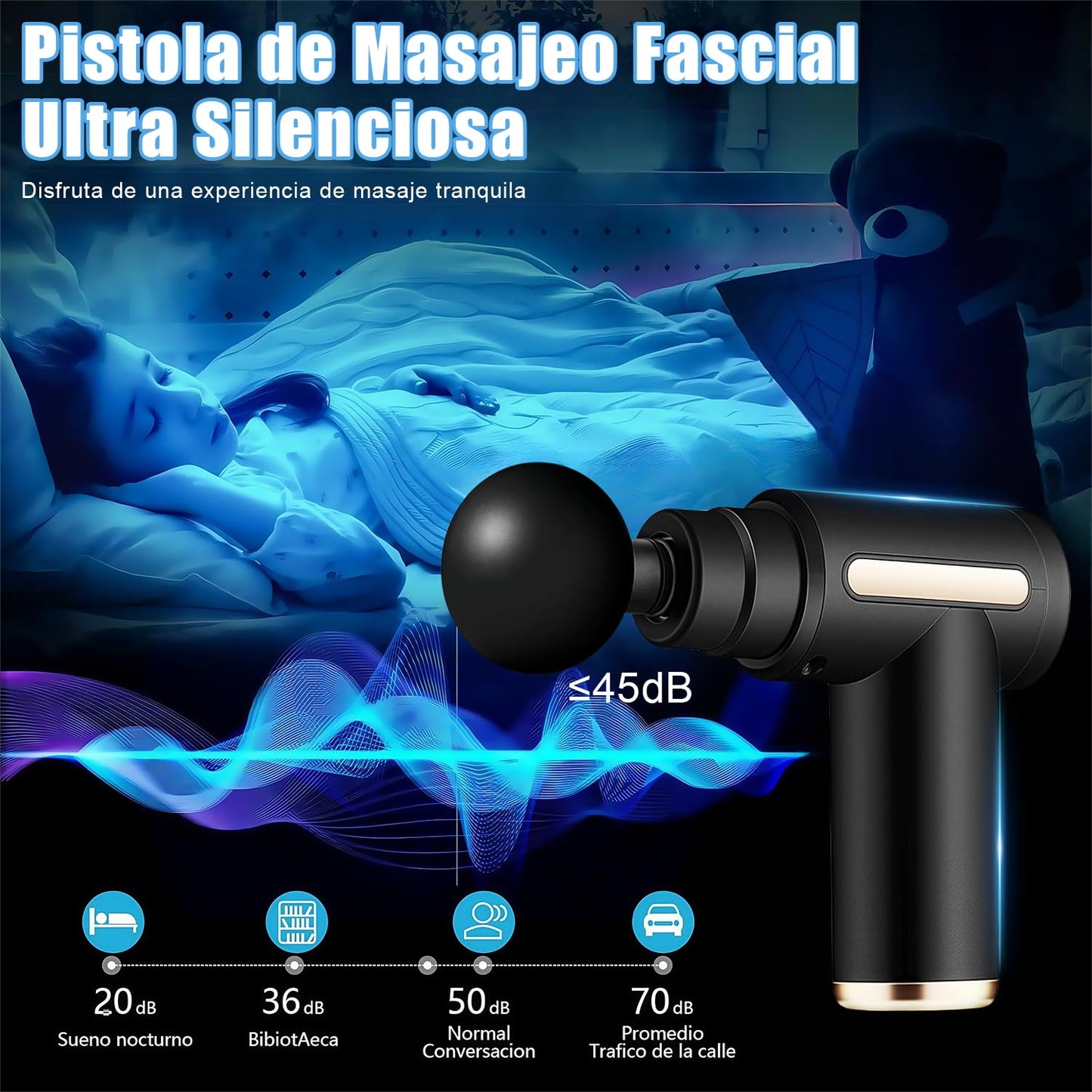Pistola de Masaje Muscular,De mano y portátil masajeado,con 4 cabezales, 6 engranajes de masaje ajustables.Pistola de masaje muscular profundo
