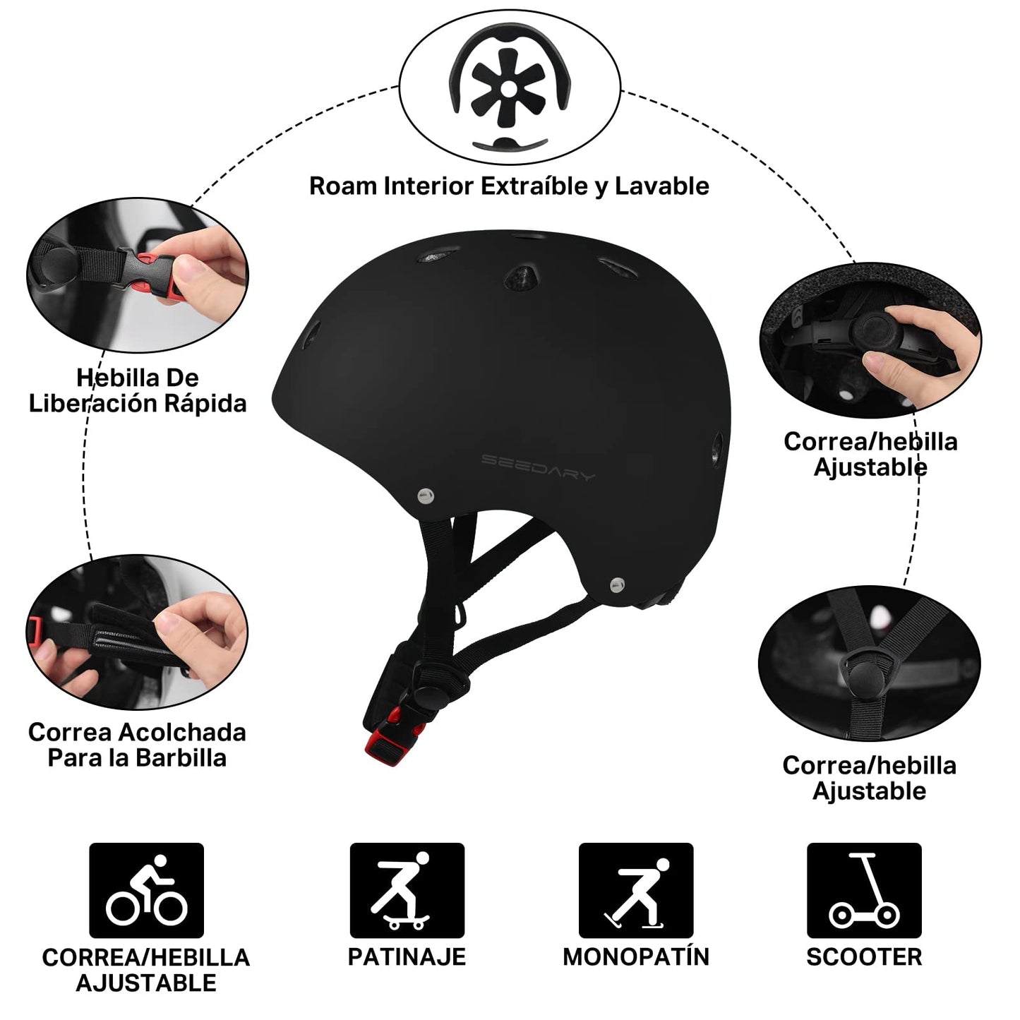 Cascos Bicicleta SEEDARY con Kit de Protección Negro para Niños Jóvenes y Adultos