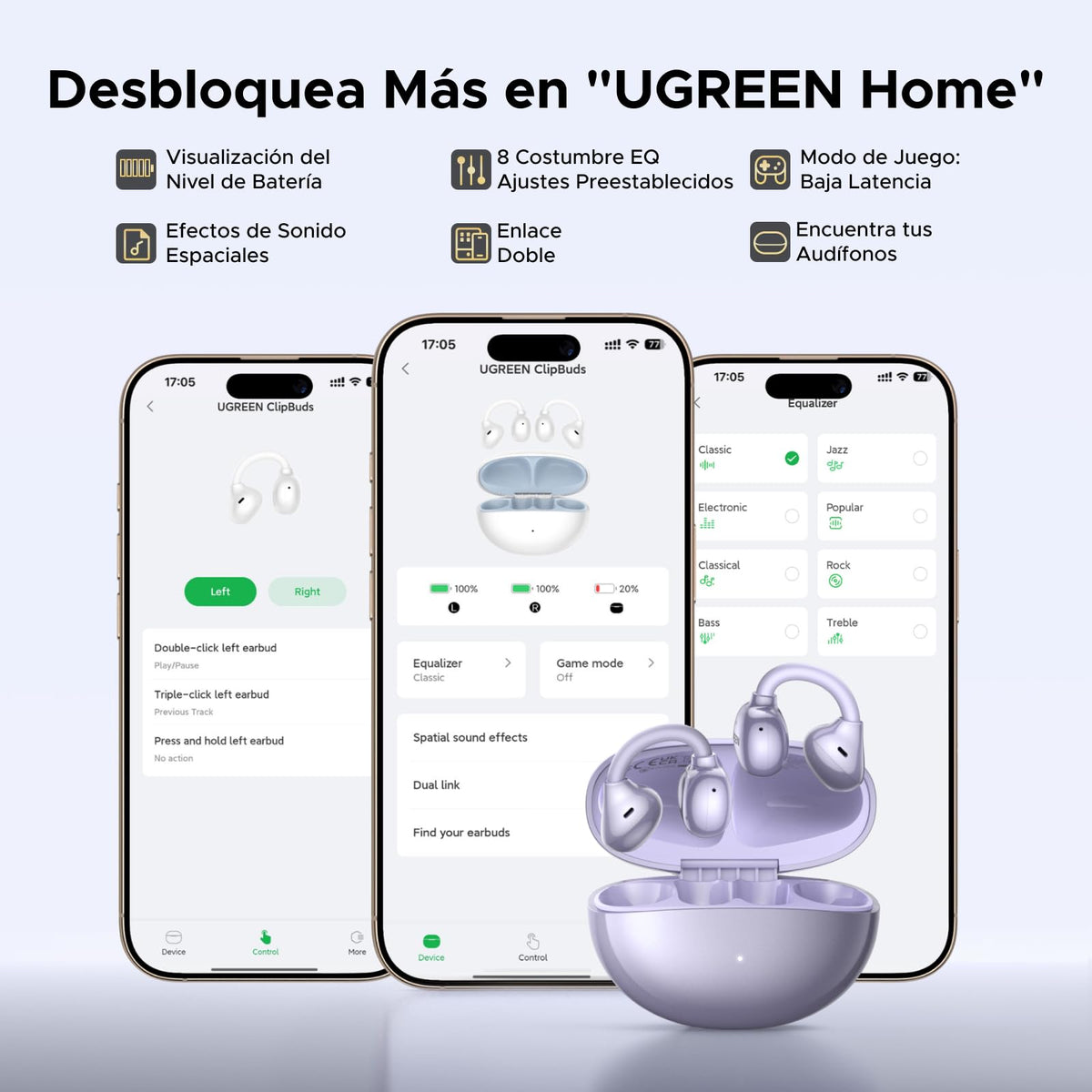 Audífonos Inalámbricos UGREEN Púrpura con 4 Micrófonos y Control por App para Deportes
