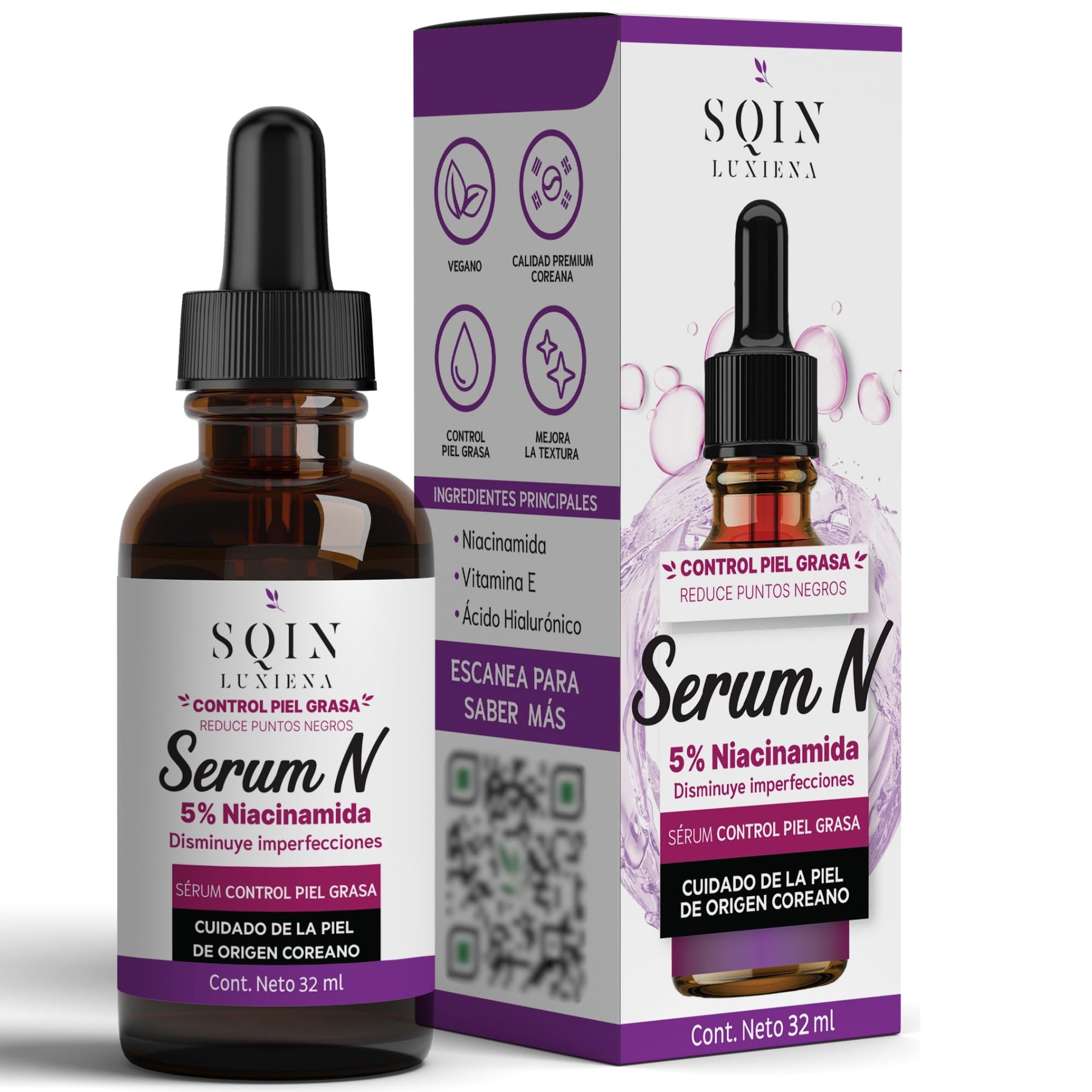 Sqin Luxiena Korean Serum de Niacinamida, Vitamina E y Ácido Hialurónico Facial, Suero Facial Control Piel Grasa, Reduce Poros, Puntos Negros y Mejora la Textura, Coreano Skincare Vegano 32 ml.