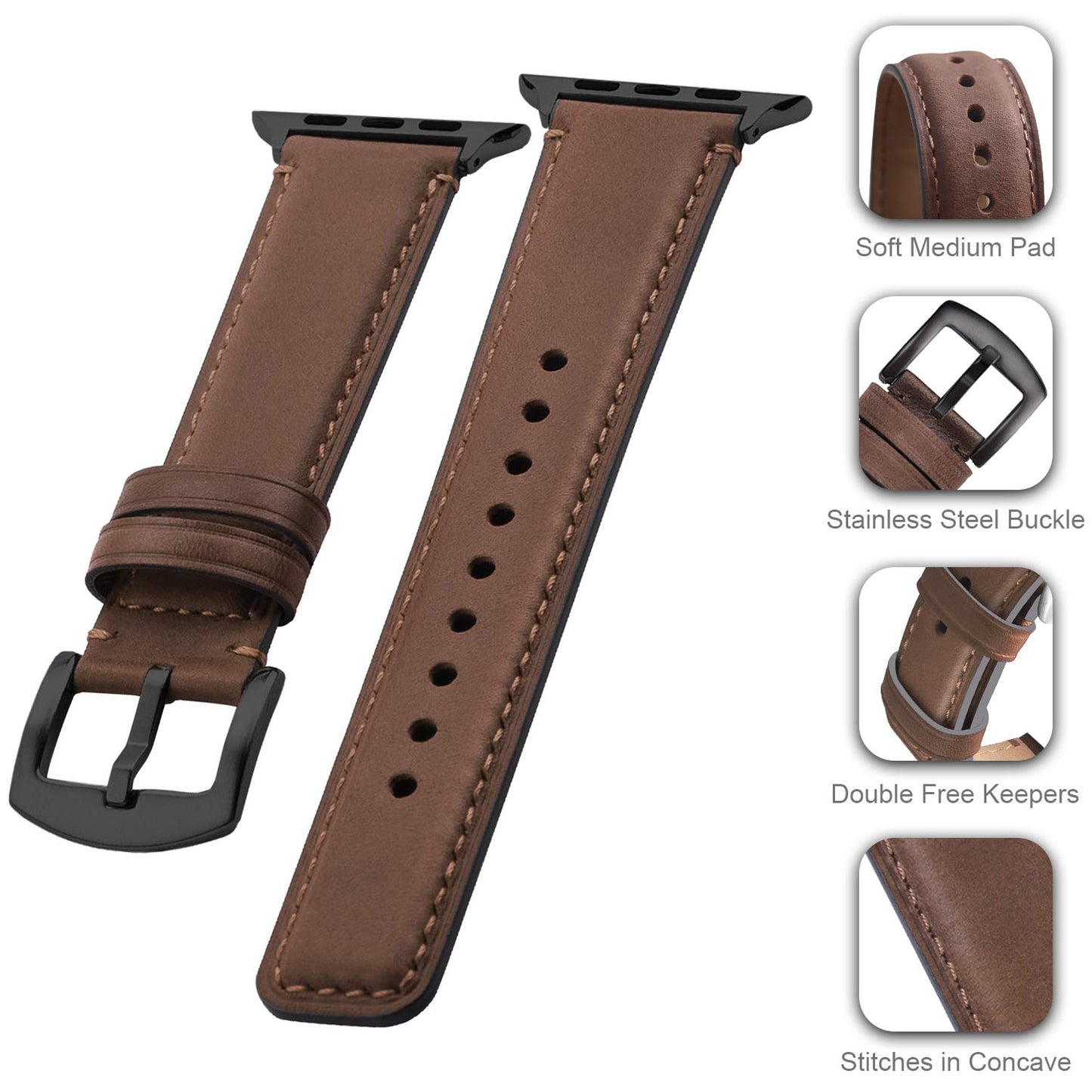 Fullmosa Correa Apple Watch Ultra 49mm (Series 7/8 con 45mm Series SE/6/5/4 con 44mm, Series 3/2/1 con 42mm Yola Serie Pulsera de Piel Cuero Bruñida para iWatch, Marrón Oscuro + Hebilla Gris