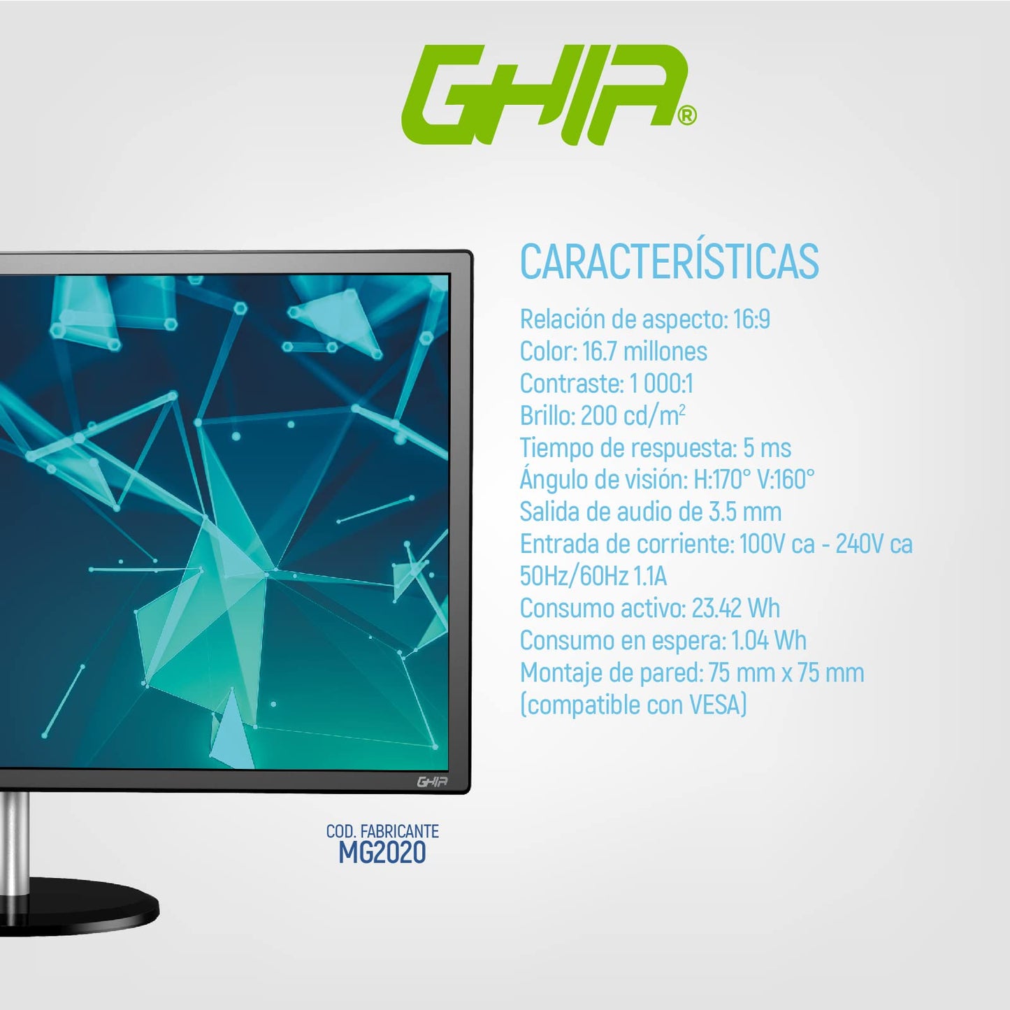 GHIA Monitor 19.5" Pulgadas MG2020. LED, Panel TN, Resolución HD 1600 X 900, 60 Hz MAX, 5 ms de Tiempo de Respuesta, Conexiones VGA y HDMI, Mini Jack 3.5mm.