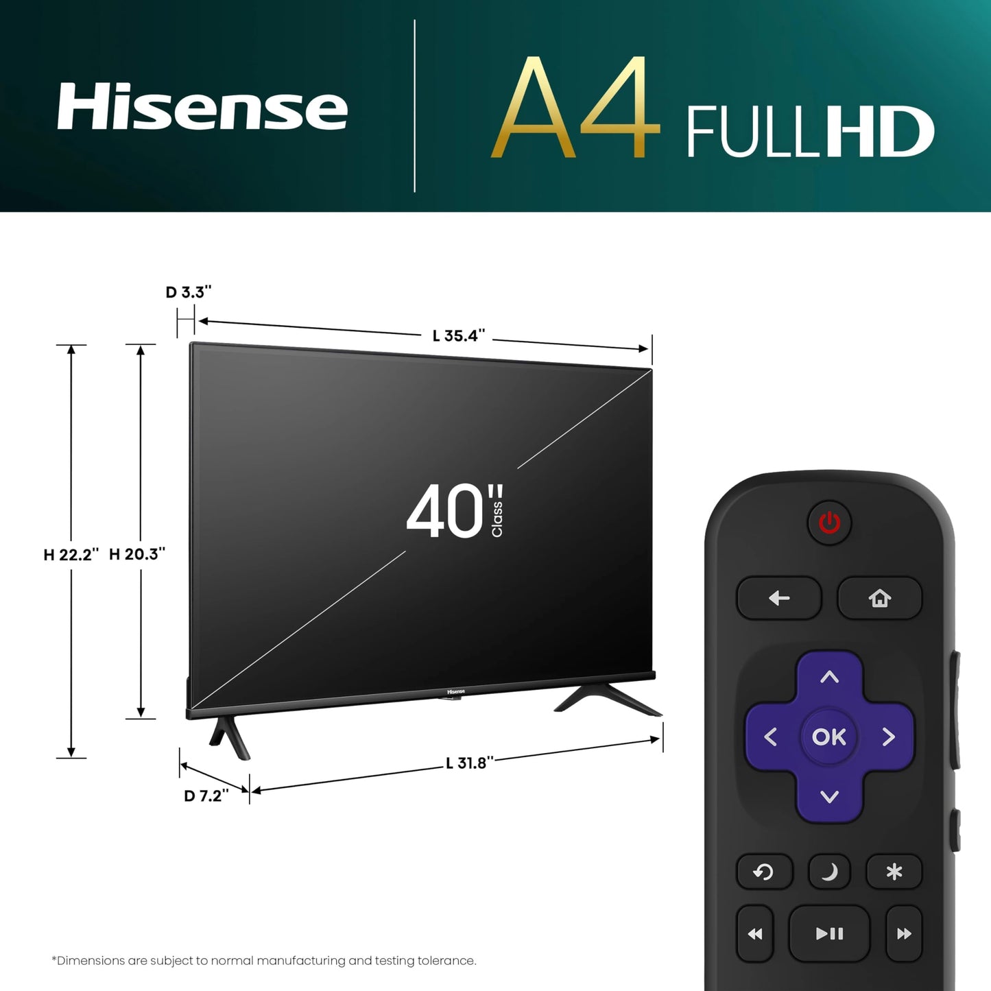 Hisense - Televisor inteligente Roku de 40 pulgadas clase A4 FHD 1080p con compatibilidad Alexa (40A4NR) - Dolby Audio, diseño de bisel delgado, Google Assistant