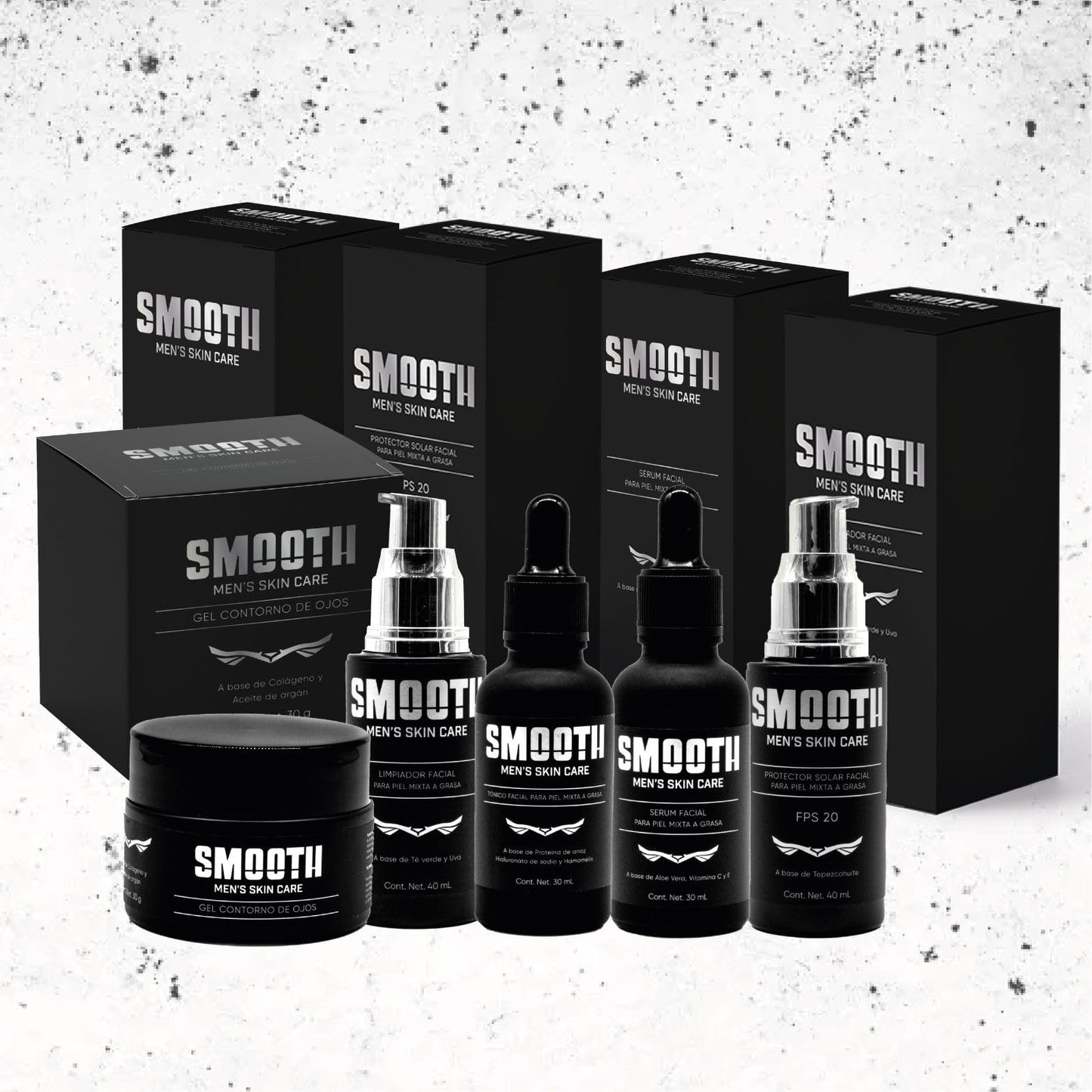 SMOOTH Kit Definitivo de Cuidado Facial Para Hombres: Todo lo que tu piel necesita | 5 productos: Limpiador de Té verde, Tónico de Hialurónato de Sodio, Sérum de Vitamina C, Gel Contorno de ojos de Cólageno, Protector solar de Tepezcohuite | Logra una pie