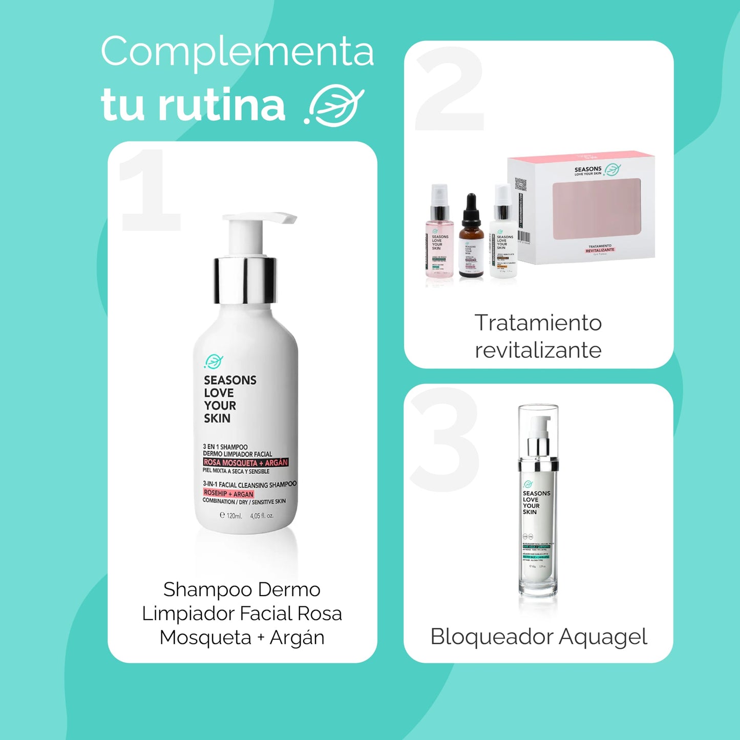 Kit Skincare Tratamiento Facial Revitalizante Seasons | Tónico Agua de Rosas + Serum Facial Jojoba + Hidratante Vitamina C