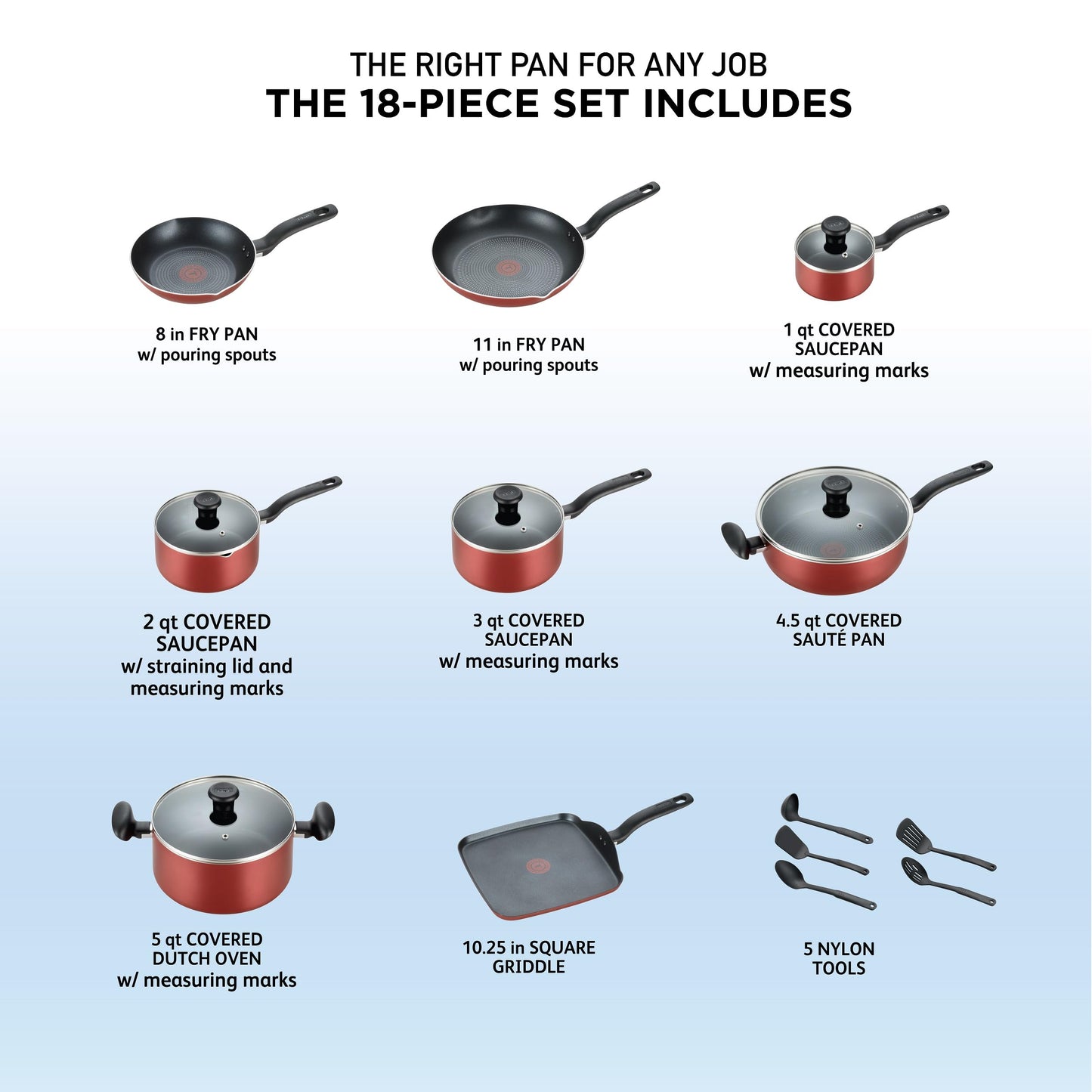 Batería de Cocina T-Fal Roja antiadherente sin aceite 18 Piezas