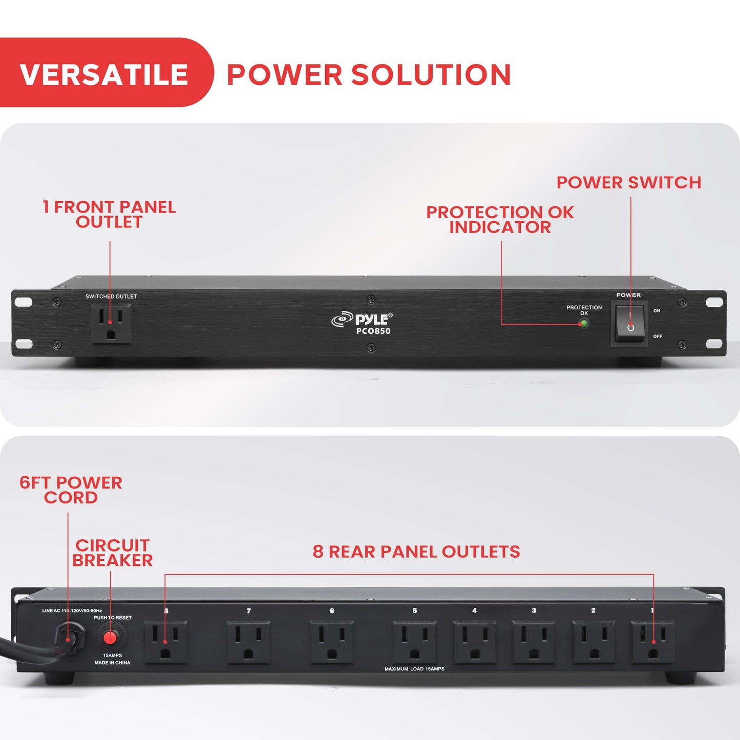 Tira de Alimentación Pyle Negro con Protector de Sobretensión y 9 Tomas Montaje en Rack