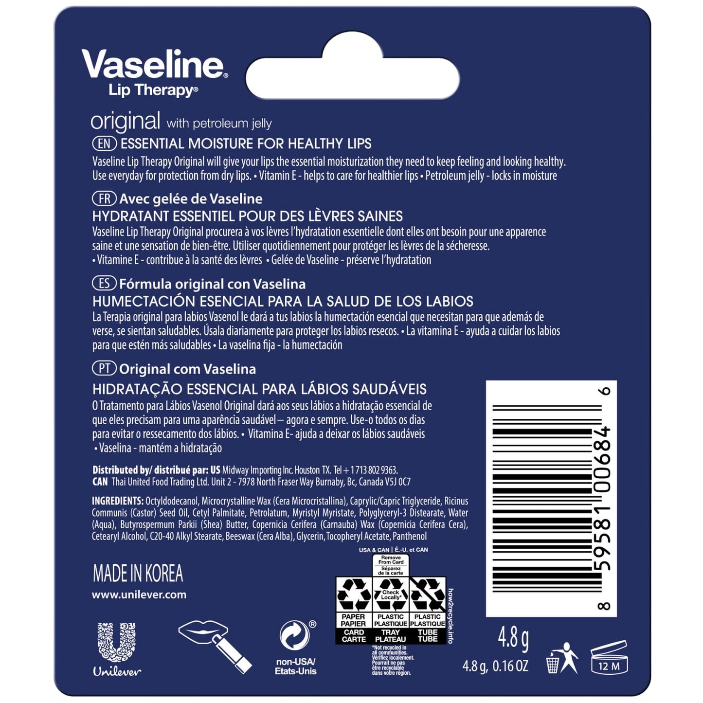 Vaseline Lip Therapy, 0.16 oz. Original (Pack of 12)#