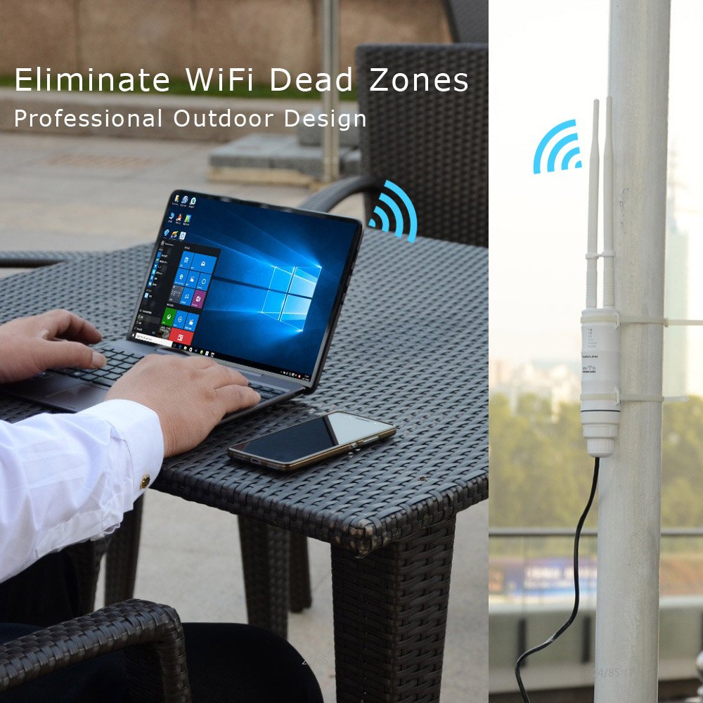 WAVLINK Extensor CPE/WiFi de alta potencia, resistente a la intemperie, punto de acceso/enrutador/WISP 2.4 GHz, 150 Mbps + 5 GHz, 433 Mbps, antena omnidireccional de doble polarizado, 1000 mW, 28 dBm,