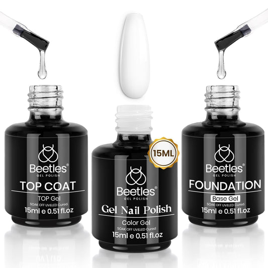Escarabajos Esmalte en Gel 3 Piezas 15ml No Wipe Gel Capa Superior y Capa Base Esmalte en Gel Blanco Set Soak Off Lámpara de Uñas UV Acabado Brillante y Gel de Larga Duración Capa Superior Brillante Gel Base Diseño de Arte de Uñas Francés Kit de Manicura