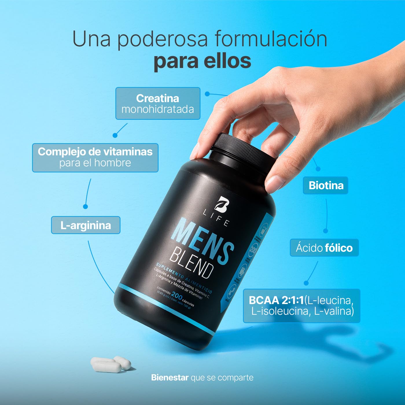 B Life Multivitamínico para Hombre | 200 Cápsulas | 650 mg por porción | Creatina Monohidratada, BCAA 2:1:1 (L-Leucina, L-Isoleucina, L-Valina) y L-Arginina | Ingredientes Naturales | Mens Blend.