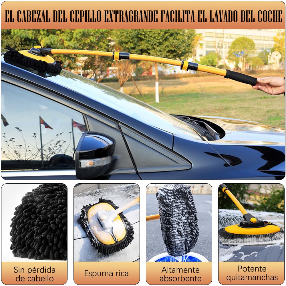 BYHANG Cepillo para Lavar Carros, con Mango Largo, Incluye Cabezal de Repuesto, Juego de 3 Cepillos para Limpieza, Kit de Limpieza para Auto con Poste Extensible, Ideal para Coches, SUV, Camiones