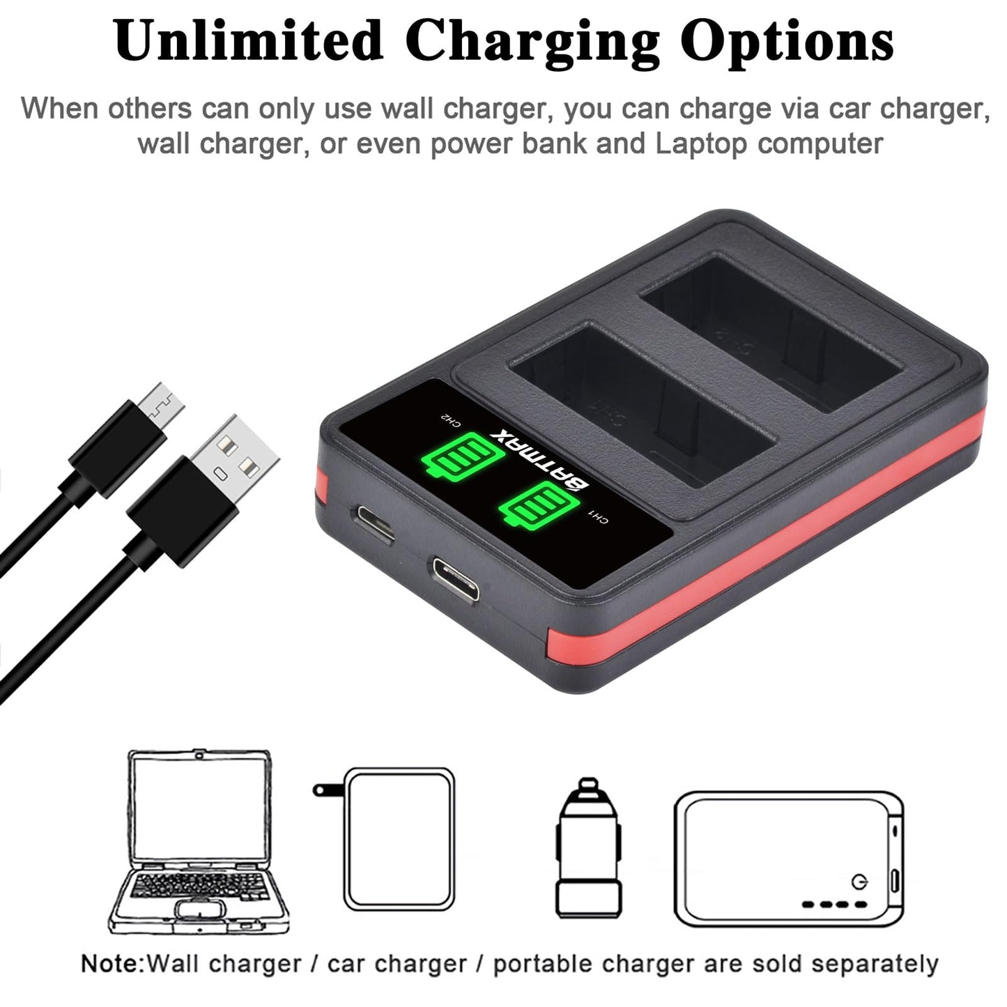 Batmax 2Pcs NB-2L NB-2LH Battery + Built-in USB LED Charger for Canon PowerShot G7 G9 S80 S70 S60 S50 S45 S40 S30, Canon DC410 DC420 EOS 350D 400D Digital Rebel XT XTi, VIXIA HF R10