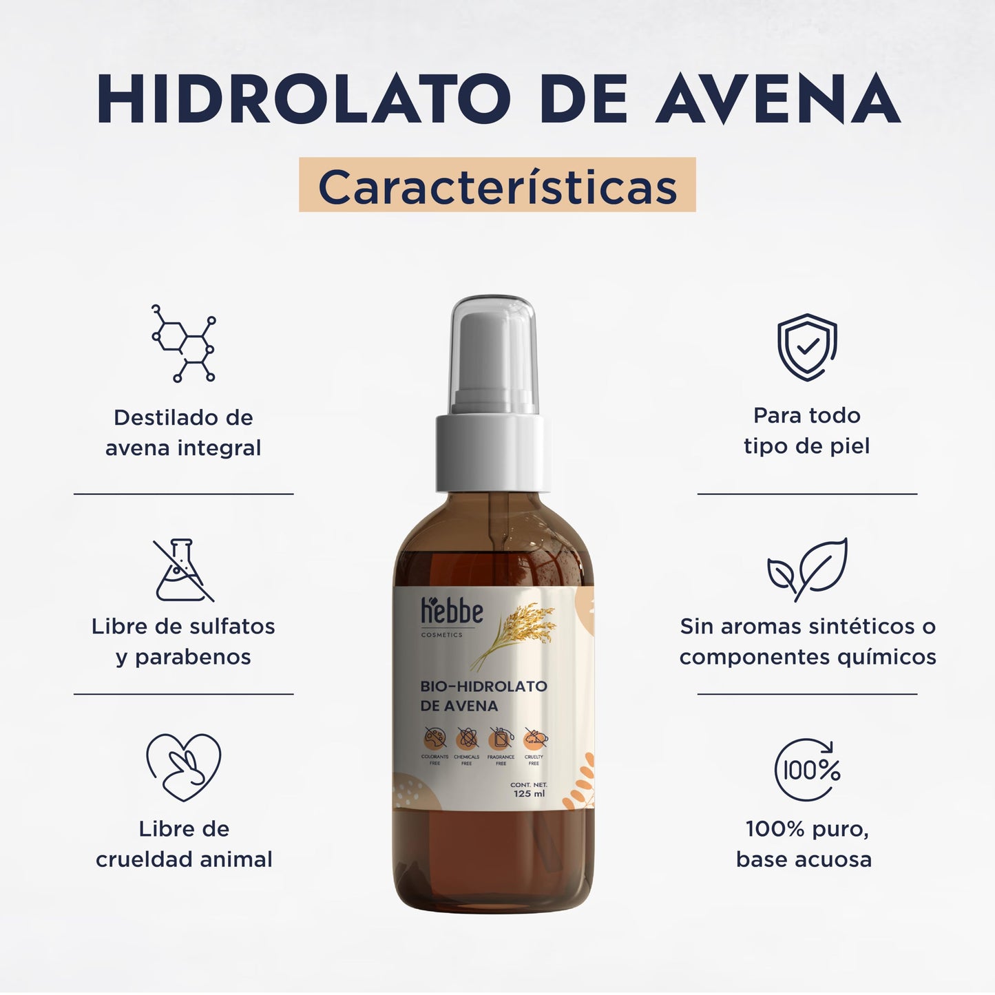 HEBBE - Hidrolato de Avena 120 ml | Capa Protectora que Evita la Pérdida de Agua | Previene la Irritación | Cuida, Regenera y Protege la Piel | Propiedades Antiinflamatorias | Mantiene el pH de la Piel | Contenido 120 ml