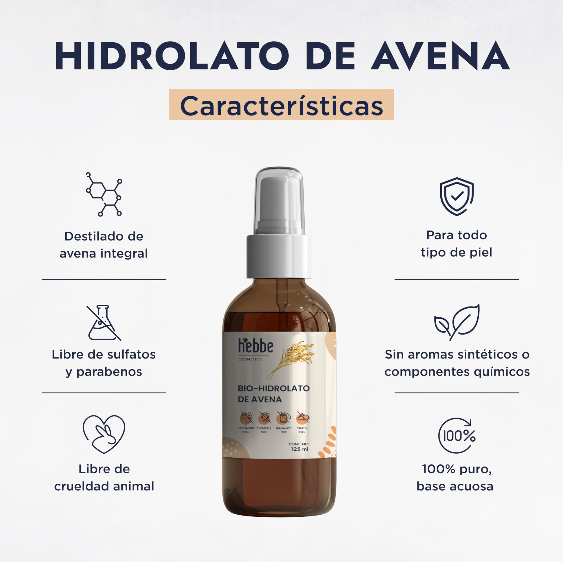 HEBBE - Hidrolato de Avena 120 ml | Capa Protectora que Evita la Pérdida de Agua | Previene la Irritación | Cuida, Regenera y Protege la Piel | Propiedades Antiinflamatorias | Mantiene el pH de la Piel | Contenido 120 ml