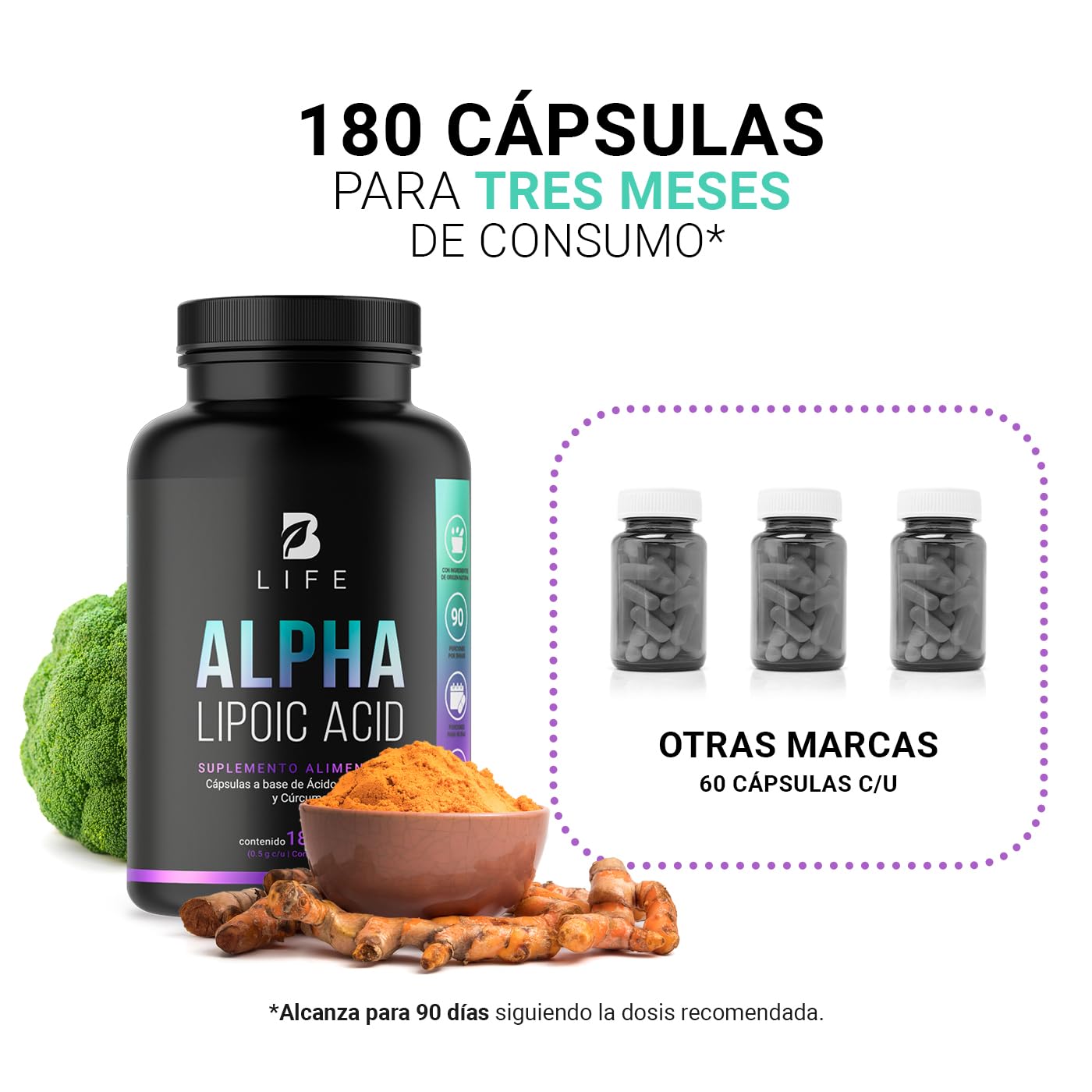 Ácido Alfa Lipoico Cápsulas B Life con Cúrcuma 1000 mg Ingredientes Naturales