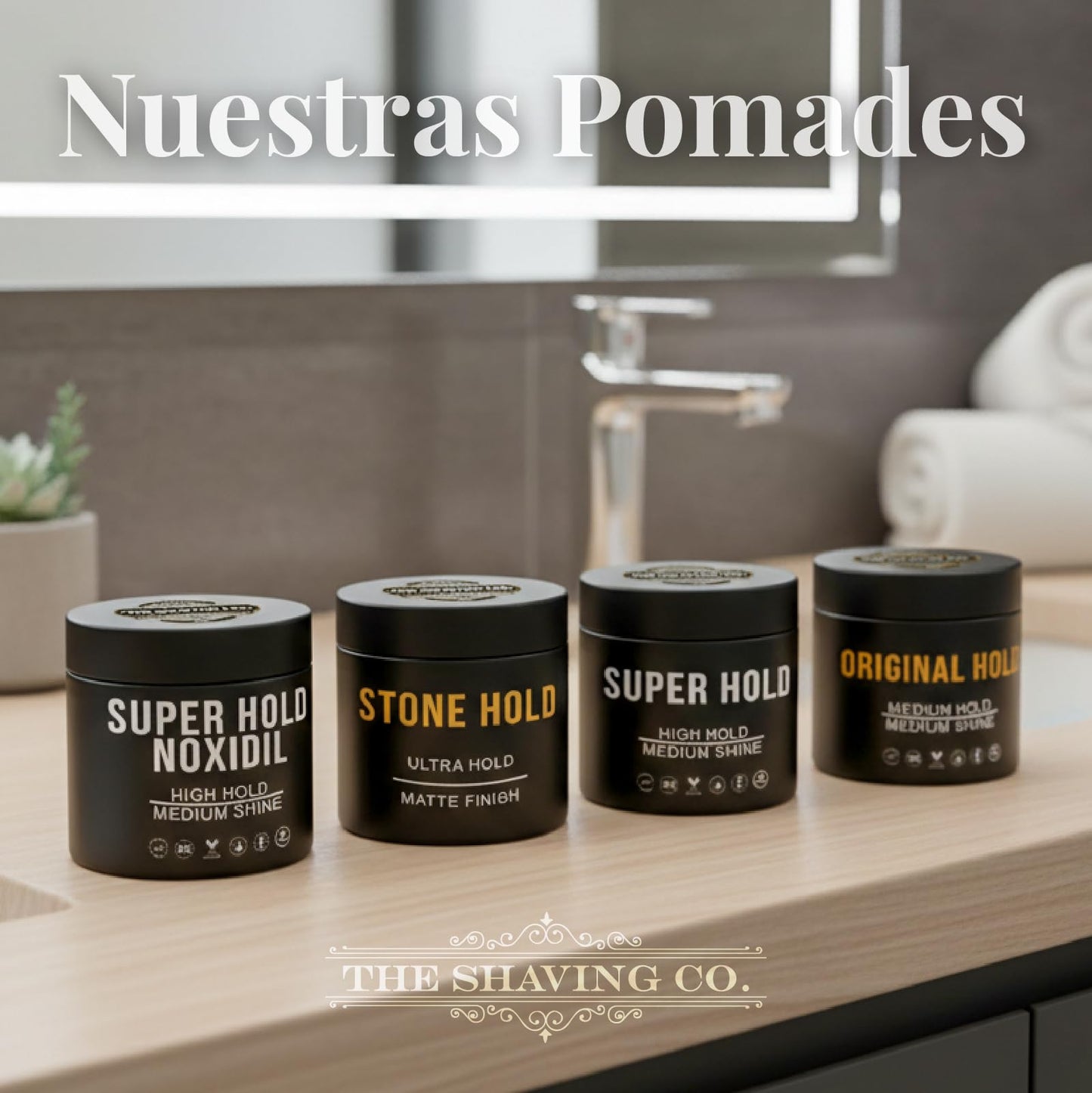 ORIGINAL HOLD POMADE The Shaving Co. Cera para el cabello base agua. Original Hold Pomade. FIJACIÓN MEDIA - BRILLO MEDIO. Libre de Parabenos - Libre de Sulfatos - Cruelty Free - Contiene VITAMINA B5 y E. Medium Hold Medium Shine. Pomada para cabello. Hair