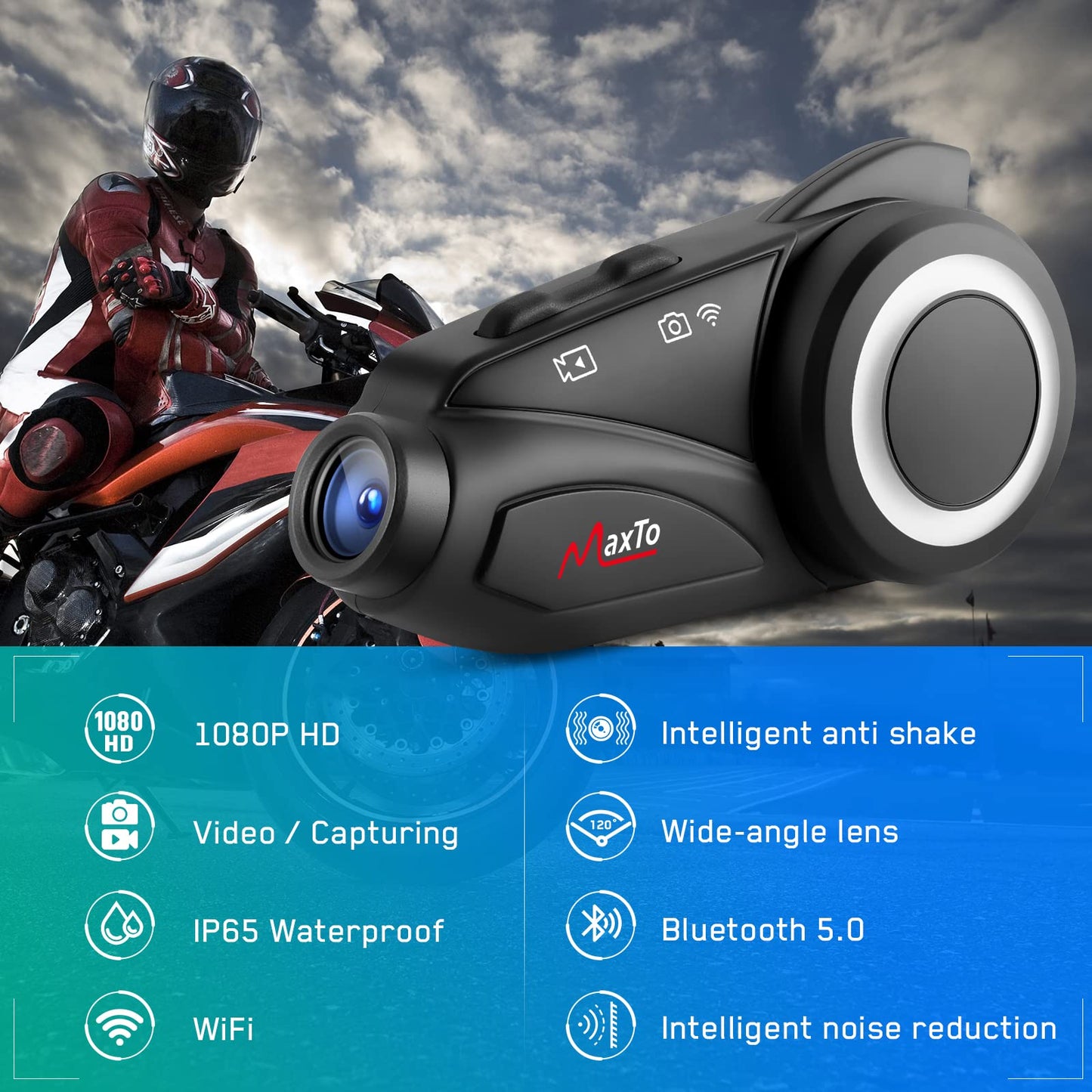 MAXTO - Auriculares Bluetooth para motocicleta con cámara 1080P HD, M3 mejorado 360°, clip ajustable de 6 ciclistas de 99974.4 cm, sistemas de comunicación de motocicleta, intercomunicadores de grupo,
