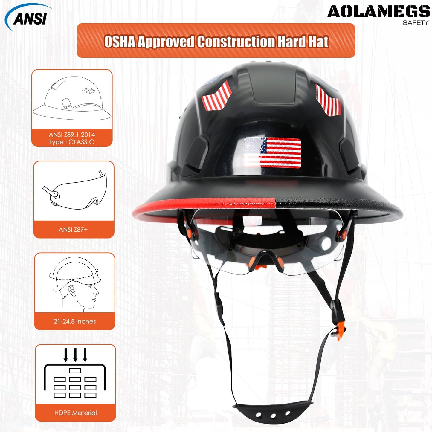 Cascos duros de borde completo con visera de construcción aprobados por OSHA - Cascos duros ventilados para hombres, Casco duro negro con correa para la barbilla, seguridad negro con visera tintada