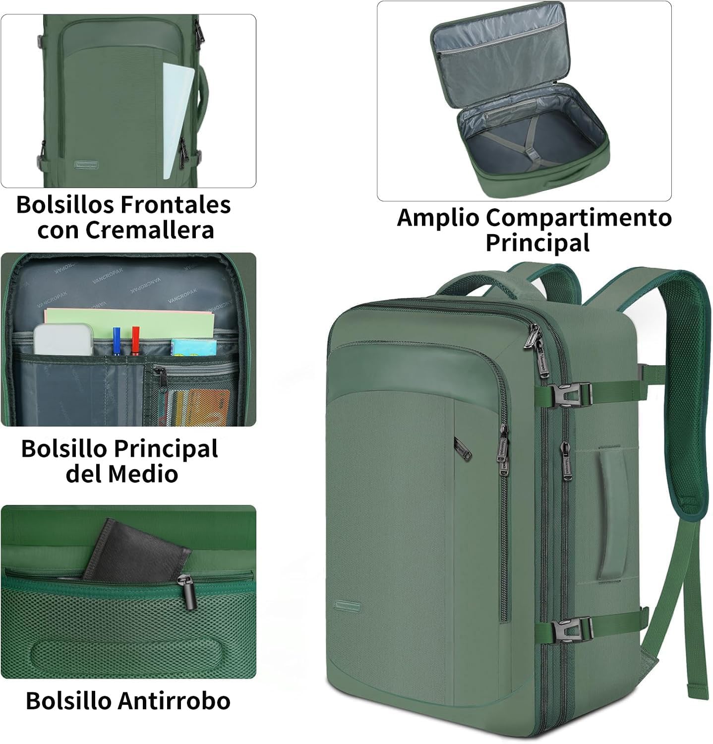 Mochila de Viaje Vancropak Verde Grande Expandible Impermeable para Mujer y Hombre