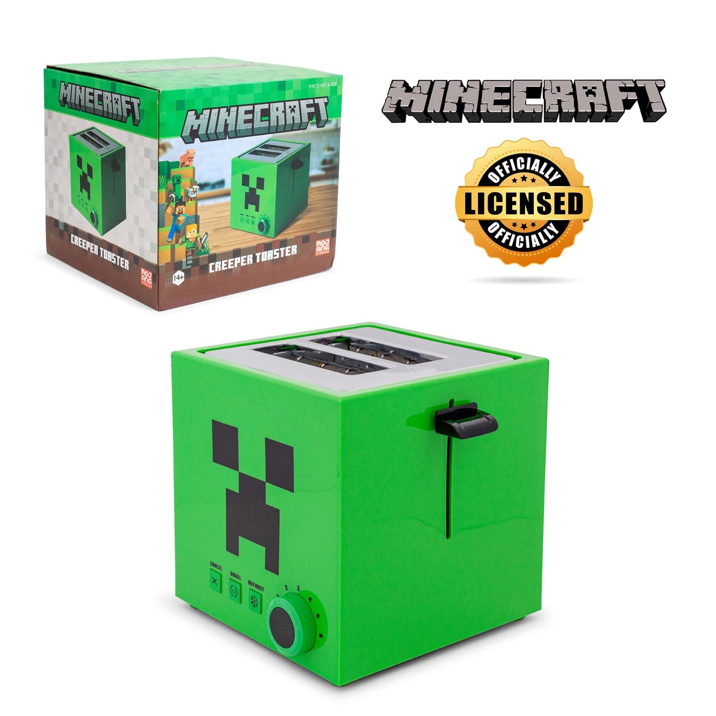Minecraft Green Creeper Tostadora de 2 rebanadas para panecillos, gofres y panes, cuenta con 6 ajustes con opción de descongelación, símbolo de enredadera en pan