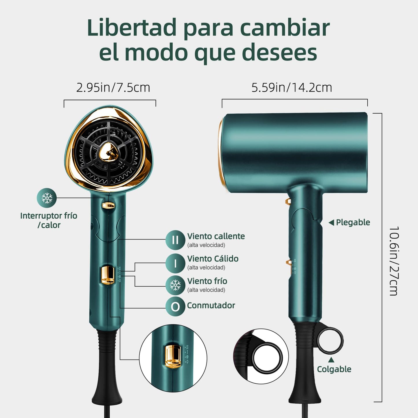 Secadora de Cabello,1800W Secador Cabello de Iónico Negativo,3 Velocidades de Ajuste Frío/Calor,Portatil y Plegable,Secadora para Cabello Profesional Con Boquilla y Difusor,Apto para Hogar,Viaje,Salón