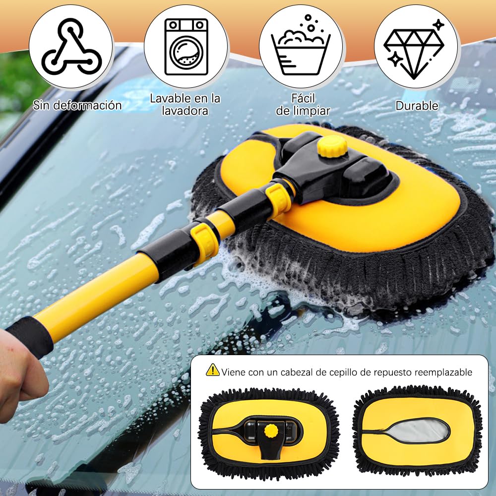 BYHANG Cepillo para Lavar Carros, con Mango Largo, Incluye Cabezal de Repuesto, Juego de 3 Cepillos para Limpieza, Kit de Limpieza para Auto con Poste Extensible, Ideal para Coches, SUV, Camiones