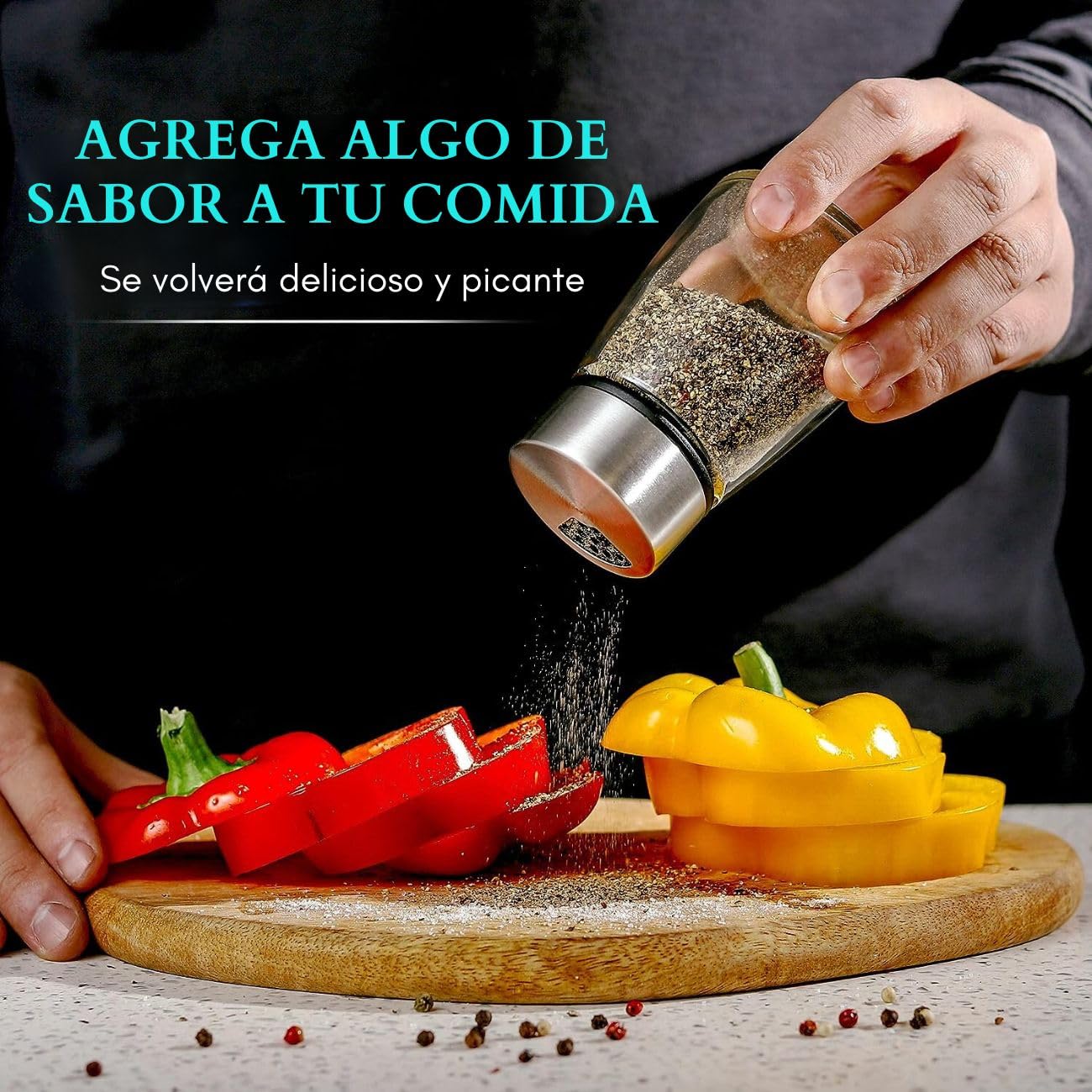 Juego de Saleros y Pimenteros U Chef Acero Inoxidable y Vidrio con Agujeros Ajustables para Sal y Pimienta
