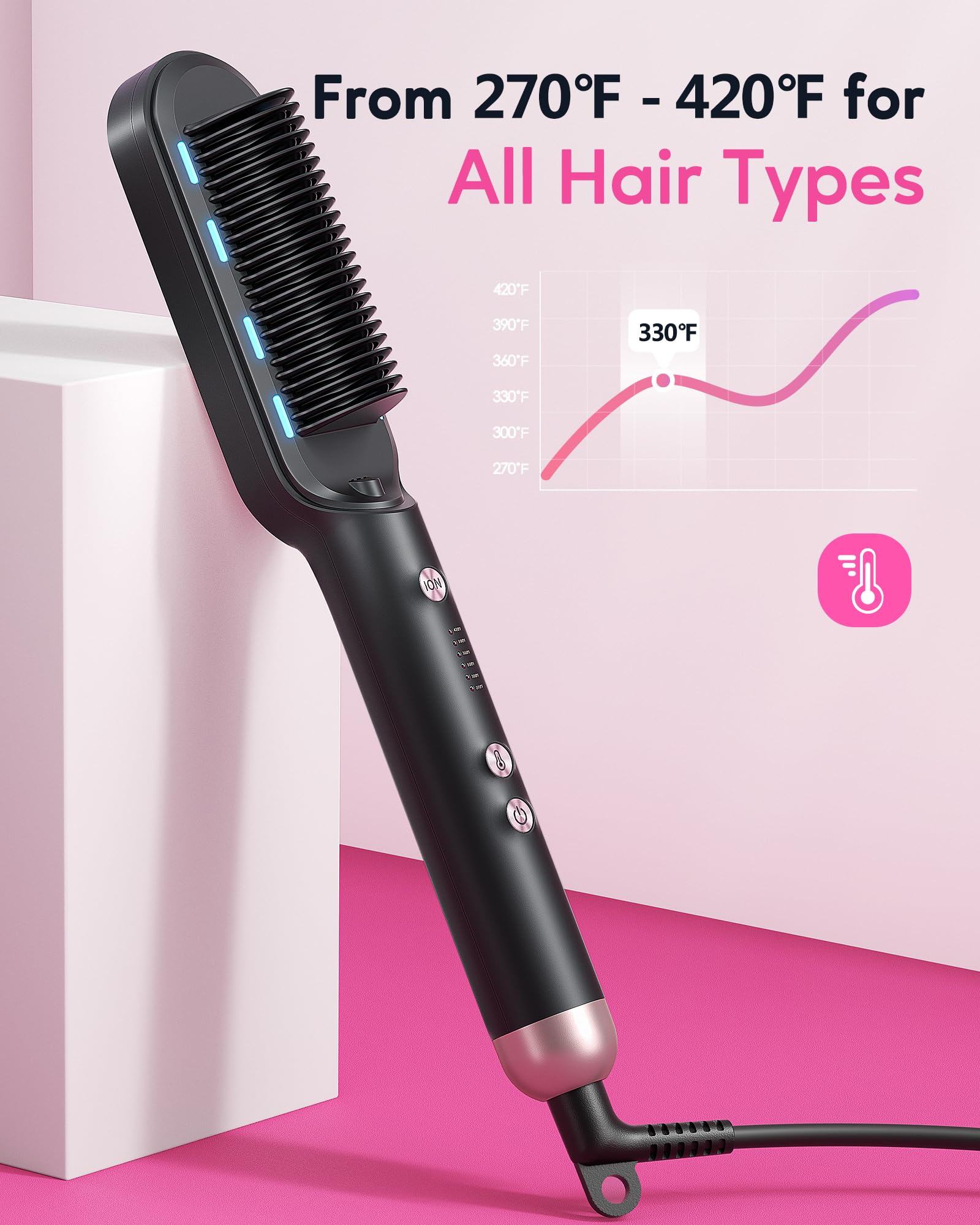 Wavytalk Cepillo alisador de pelo, peine de cerámica anticaldo, calentamiento rápido para salón en casa, doble voltaje, oro rosa