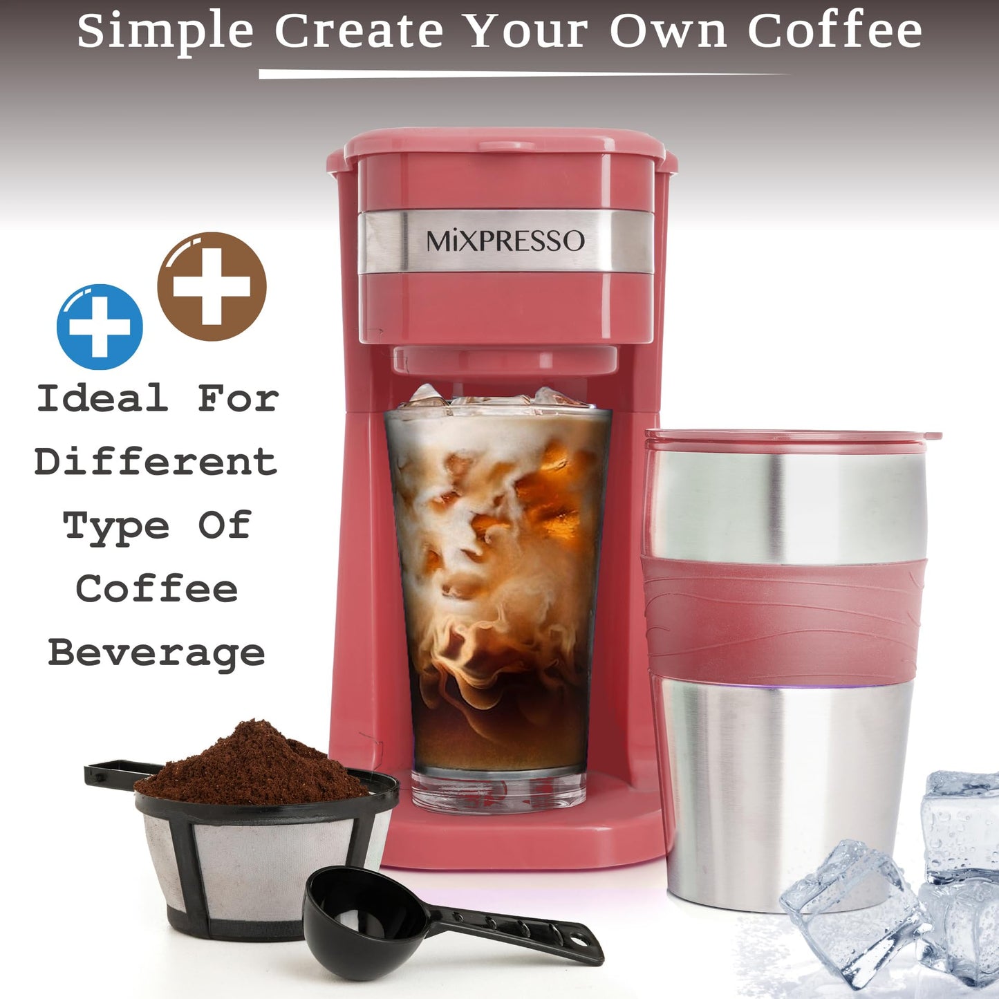Mixpresso - Cafetera personal y taza de viaje de 14 onzas, cafetera pequeña y vaso de goteo, apagado automático y filtro reutilizable, cafetera roja compatible con posos de café