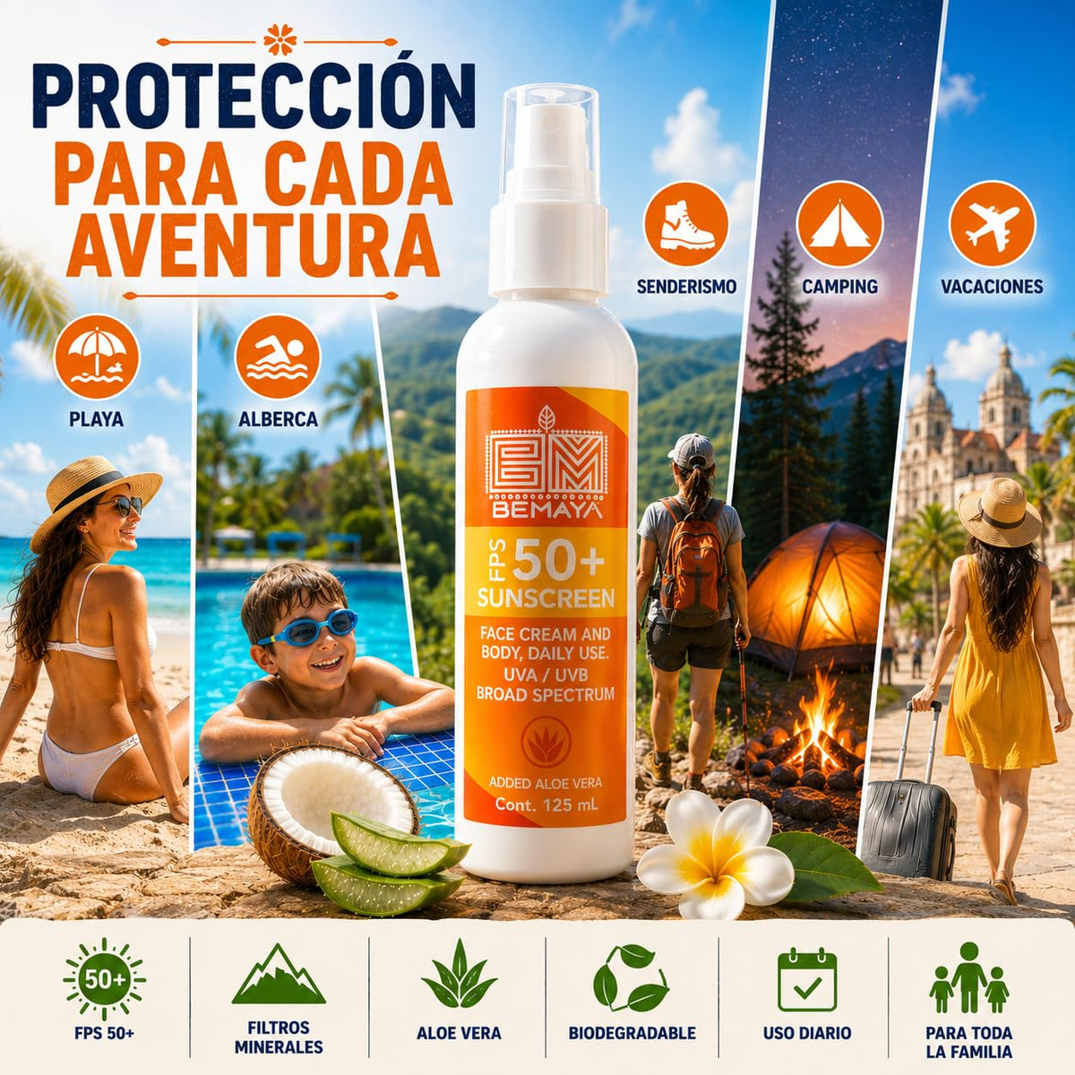Bemaya Protector Solar Mineral Coco FPS 50+ | Bloqueador Corporal UVA/UVB | Biodegradable | 125 ml