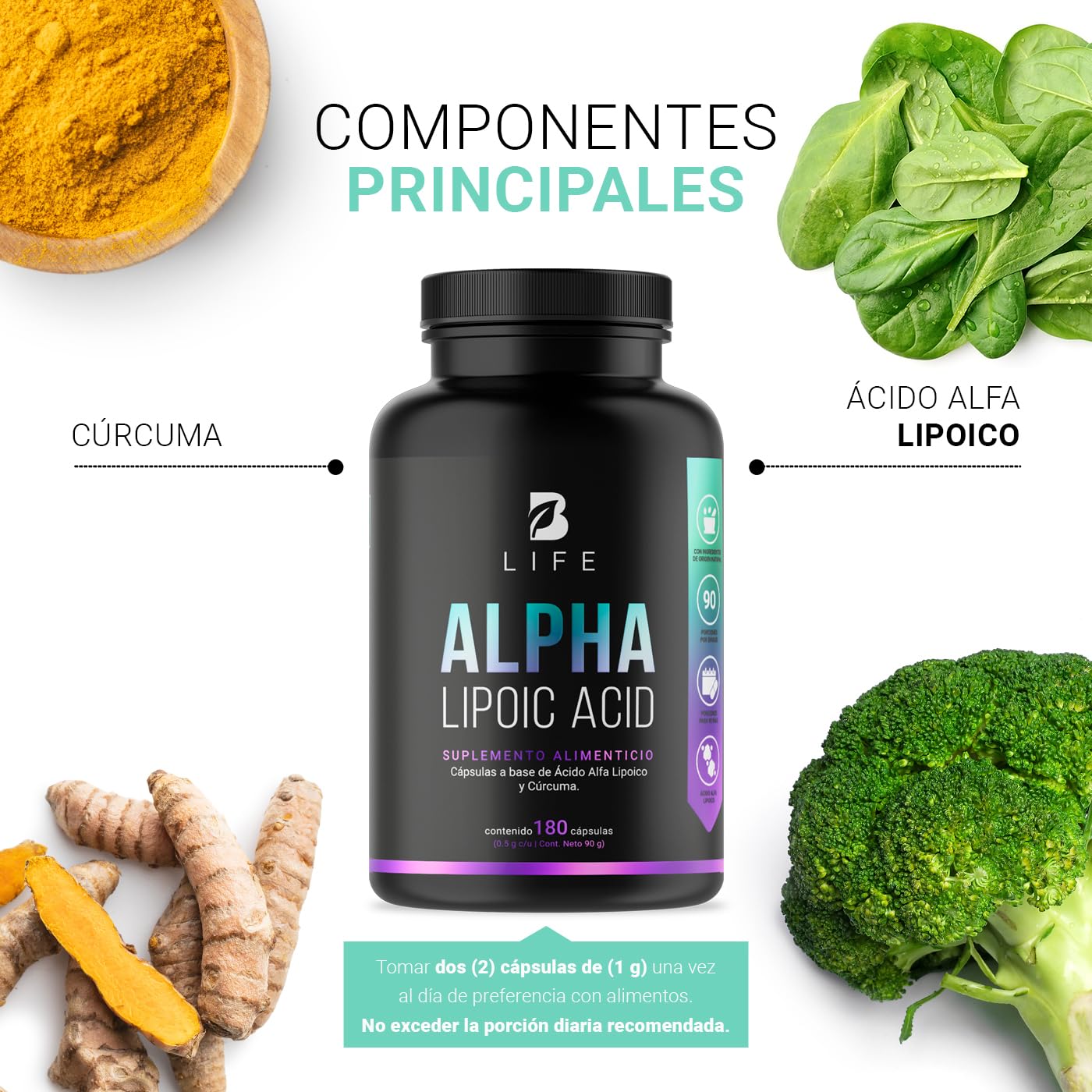 Ácido Alfa Lipoico Cápsulas B Life con Cúrcuma 1000 mg Ingredientes Naturales