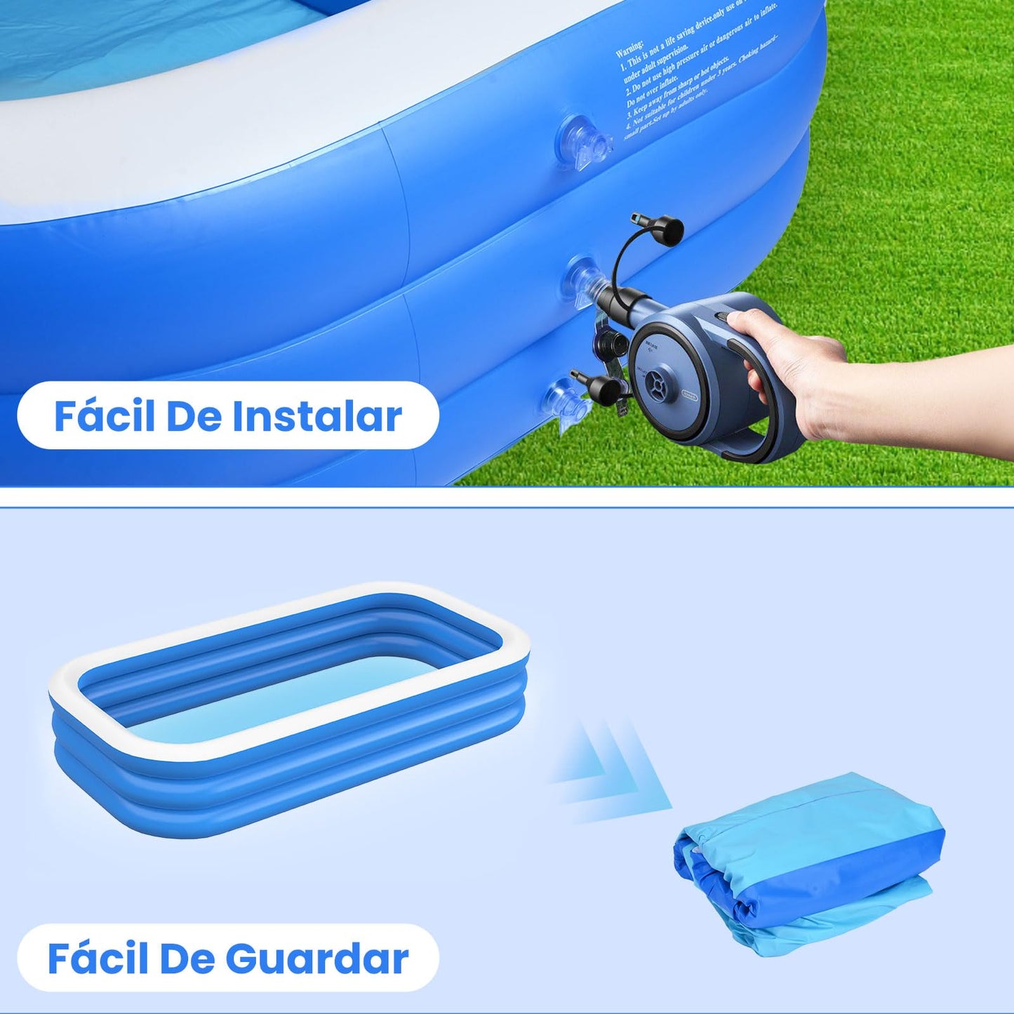 JNNQI Piscina Inflable Familiar 305x183x60 CM, Alberca Inflable Familiares Triple Grande Rectangular con Bolsa de Almacenamiento, Jardín, Fiesta Acuática de Verano, Piscina Inflable al Aire Libre