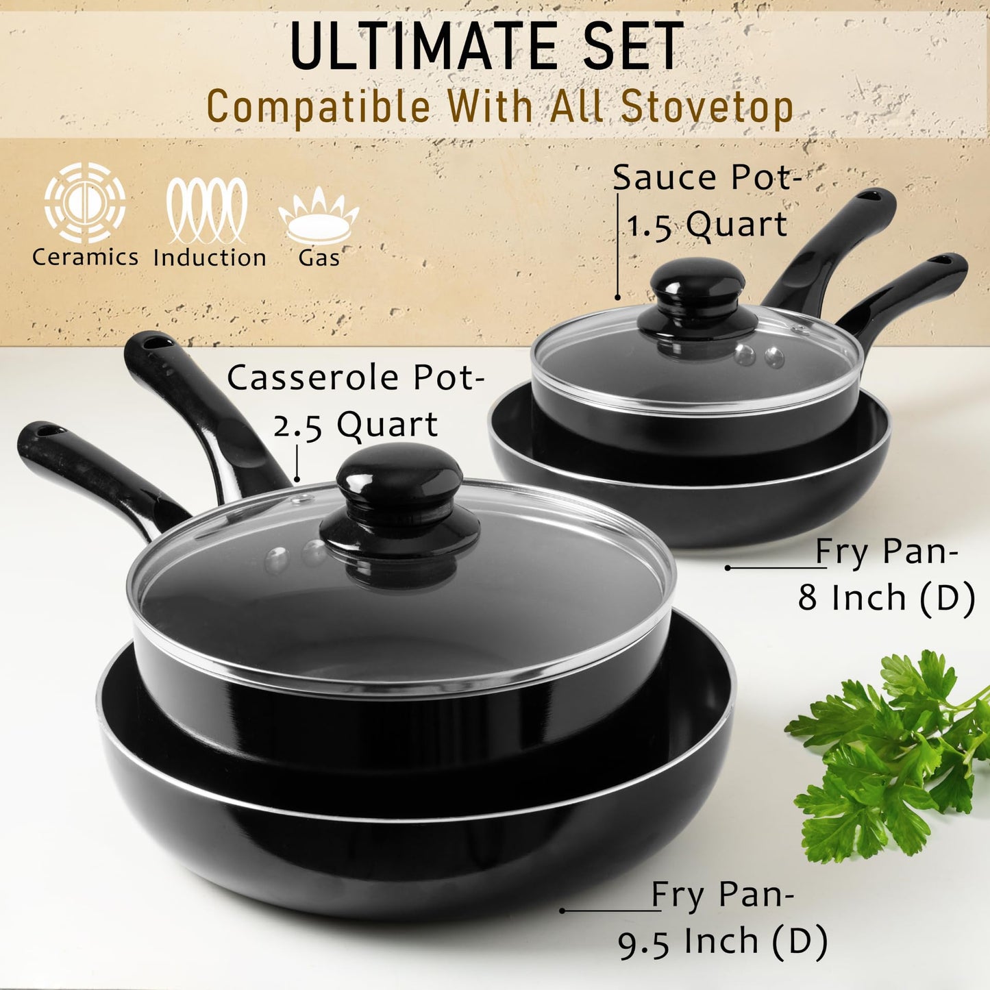 Juego de Utensilios de Cocina Moss & Stone Antiadherentes con Tapa de Vidrio y Mango Fresco