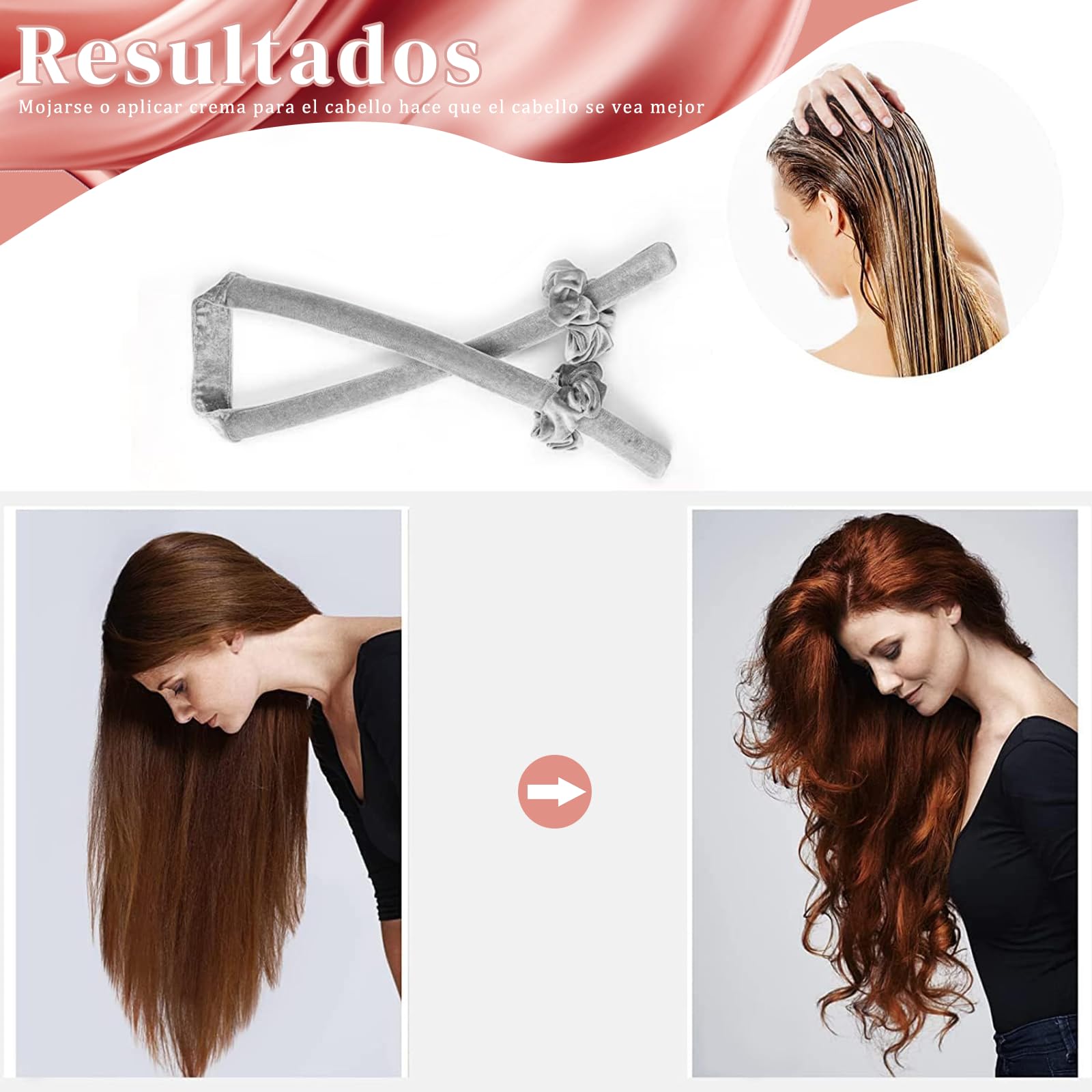 Rizador de pelo sin calor, diseño segmentado mejorado, diadema de rizos de seda sin calor para un sueño más cómodo durante la noche, cinta de seda para rizar el cabello con bandas de goma y clips (Ceniza)