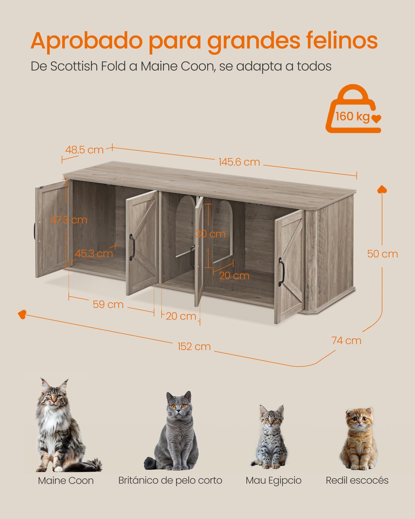 Feandrea Mueble Arenero para Gatos, Caja de Arena para 2 Gatos, Mesa Auxiliar, 145.6 x 48.5 x 50 cm, Greige Mélange MPCL010G01