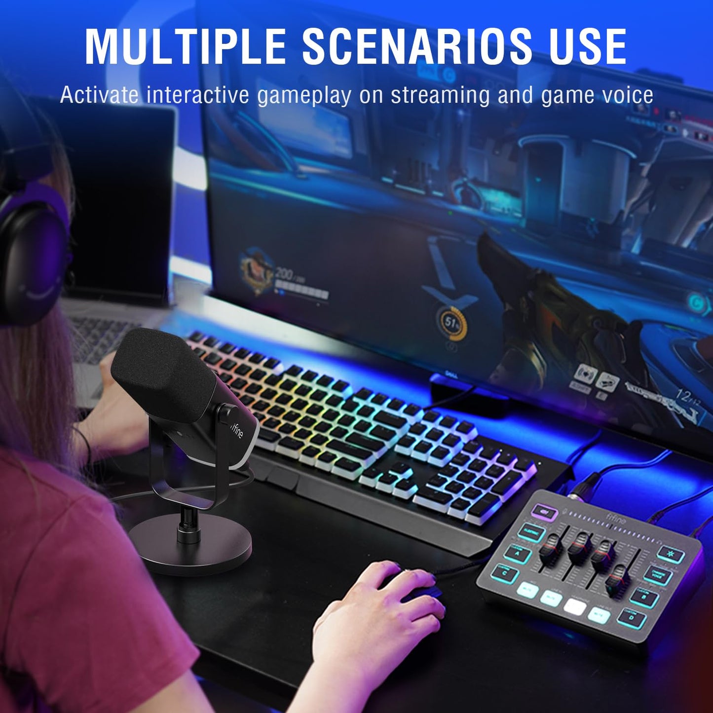 FIFINE Gaming Equipment Bundle,Set de Micrófono Dinámico XLR/USB Gaming con Mezclador de Audio Streaming para Grabación de Podcast Video Vocal,Set RGB Gamer con Fader Volumen/Interfaz XLR para PC-KS5