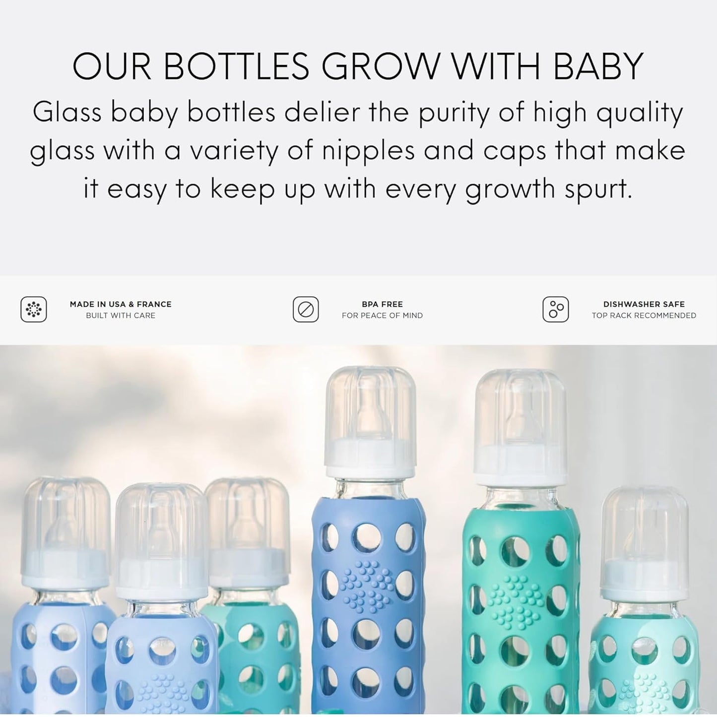 Lifefactory - Biberones de vidrio con protección de silicona, paquete de 4, 4 onzas cada botella (2 menta y 2 lavanda)