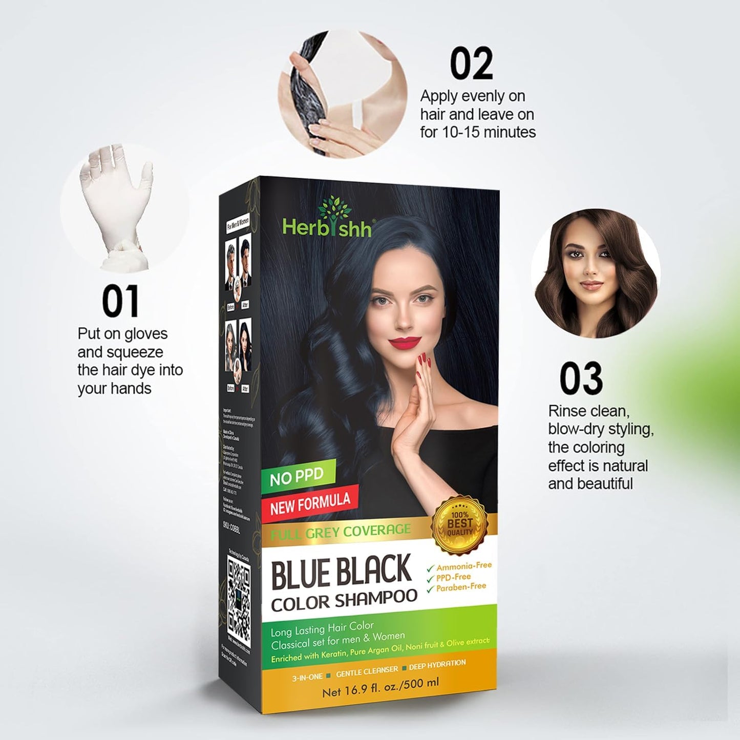 Herbishh Hair Color Shampoo for Gray Hair – Natural Hair Dye Shampoo – Colors Hair in Minutes – Lasts Up To 3-4 Weeks – 500 Ml – 3-In-1 Hair Color – Ammonia-Free | Herbishh (Blue Black)