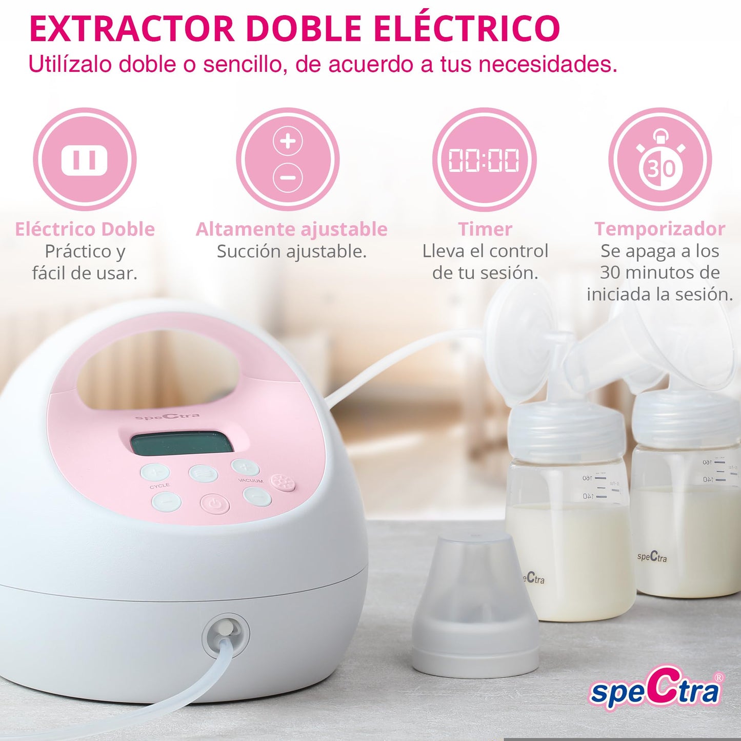 Extractor de Leche Eléctrico Doble Spectra S2 Plus Blanco con Sistema Cerrado y Bolsa Térmica