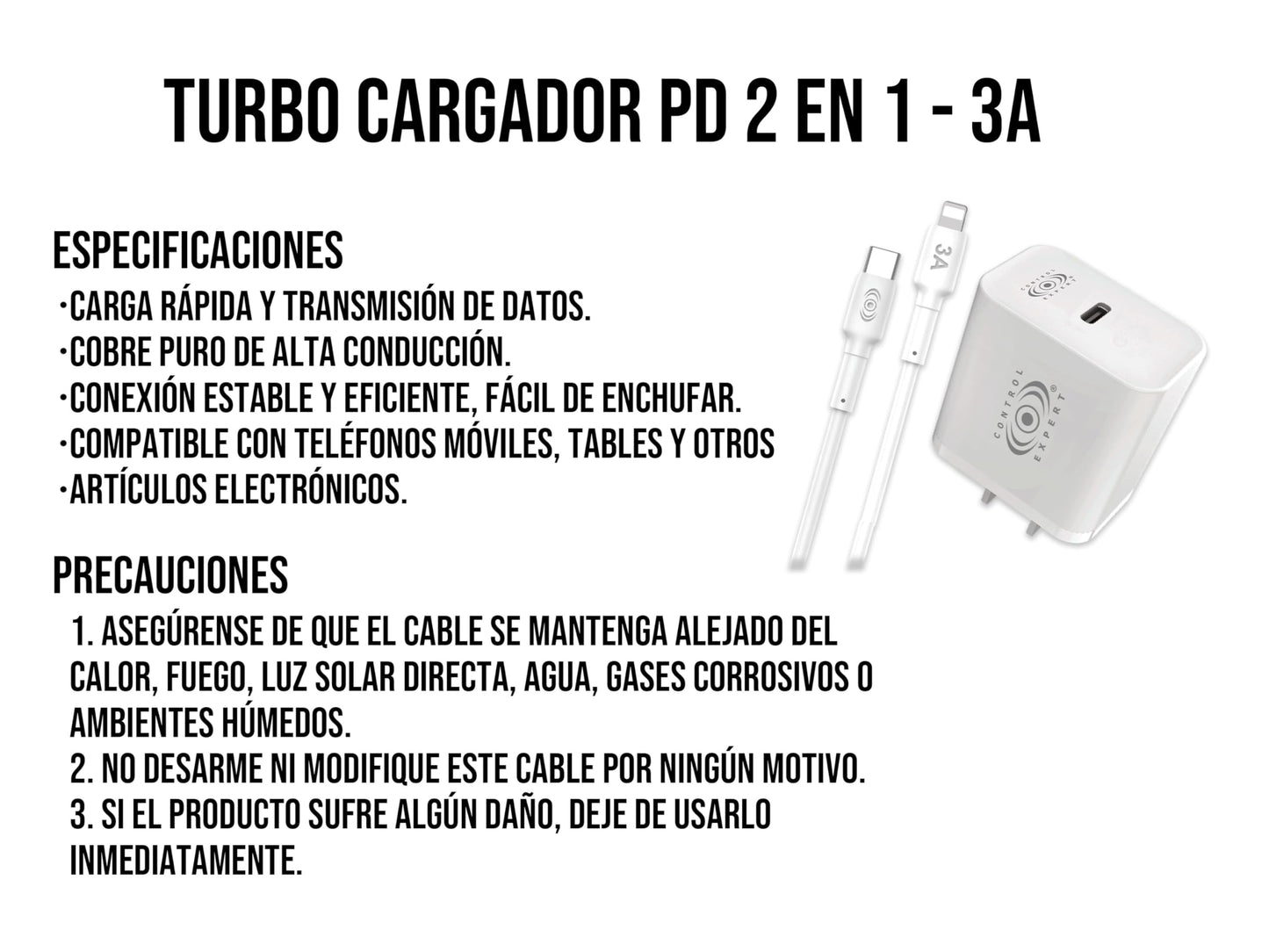 CONTROL EXPERT Cargador Carga Ultra Rápida para iPhone 3A 20W Cable de 1 Metro USB a Lighntning (BLANCO)