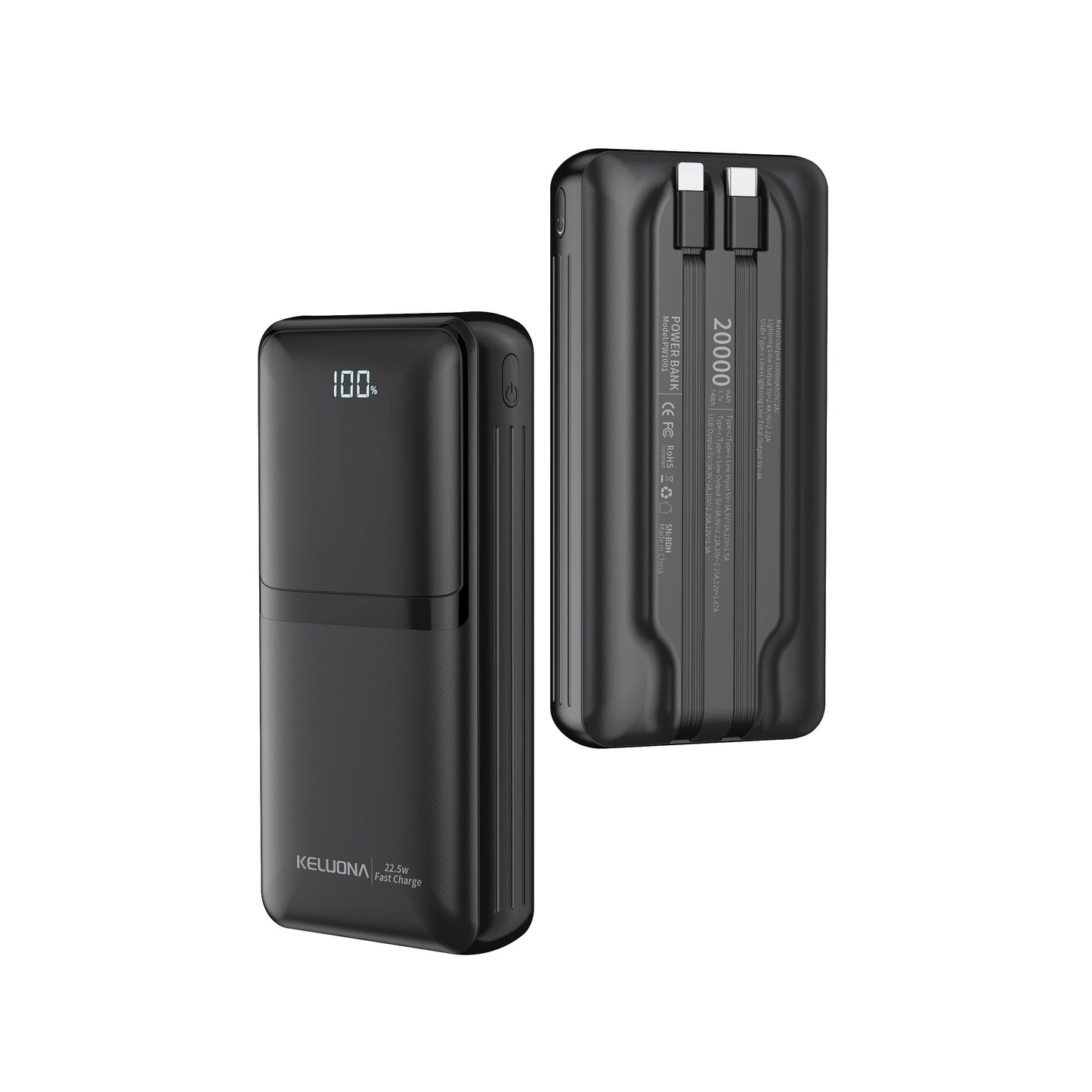 KELUONA Power Bank 20000mAh, Batería Portátil con Carga Rápida PD/QC 22.5W, 2 Puertos USB-C, Compatible con iPhone Samsung Xiaomi Huawei, Negro