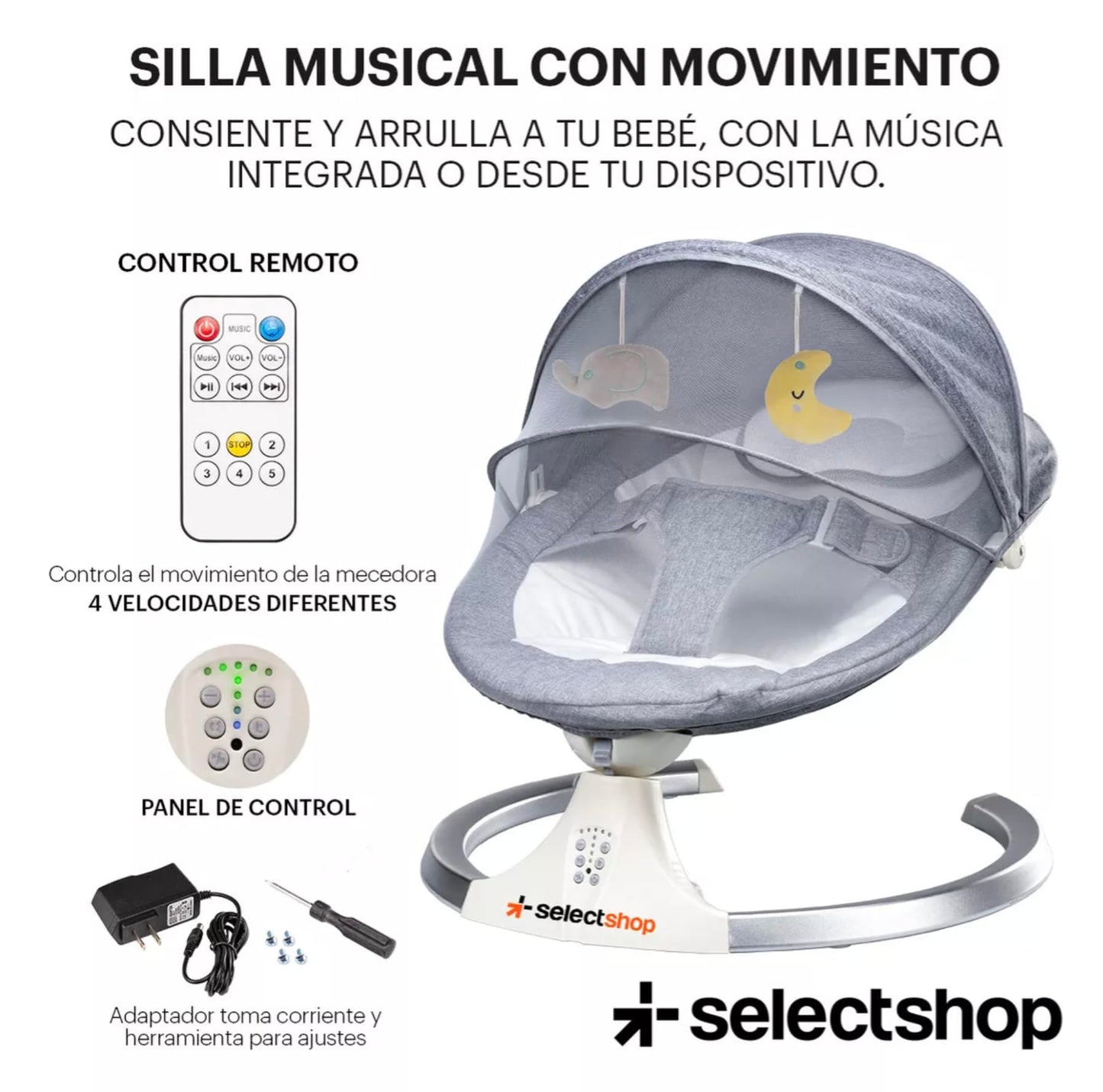 Mecedora Eléctrica SELECTSHOP Gris Multifuncional para Bebé