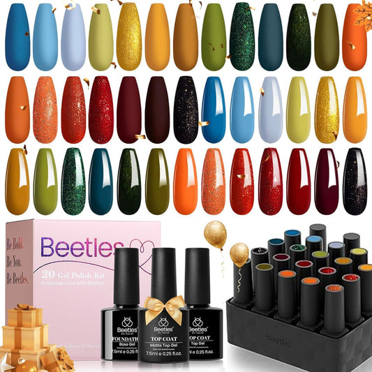 Beetles de esmalte de uñas de gel, esmalte de uñas de gel de otoño invierno rojo amarillo naranja verde juego de esmalte de gel con capa superior de gel brillante y mate capa base de uñas regalos para mujeres