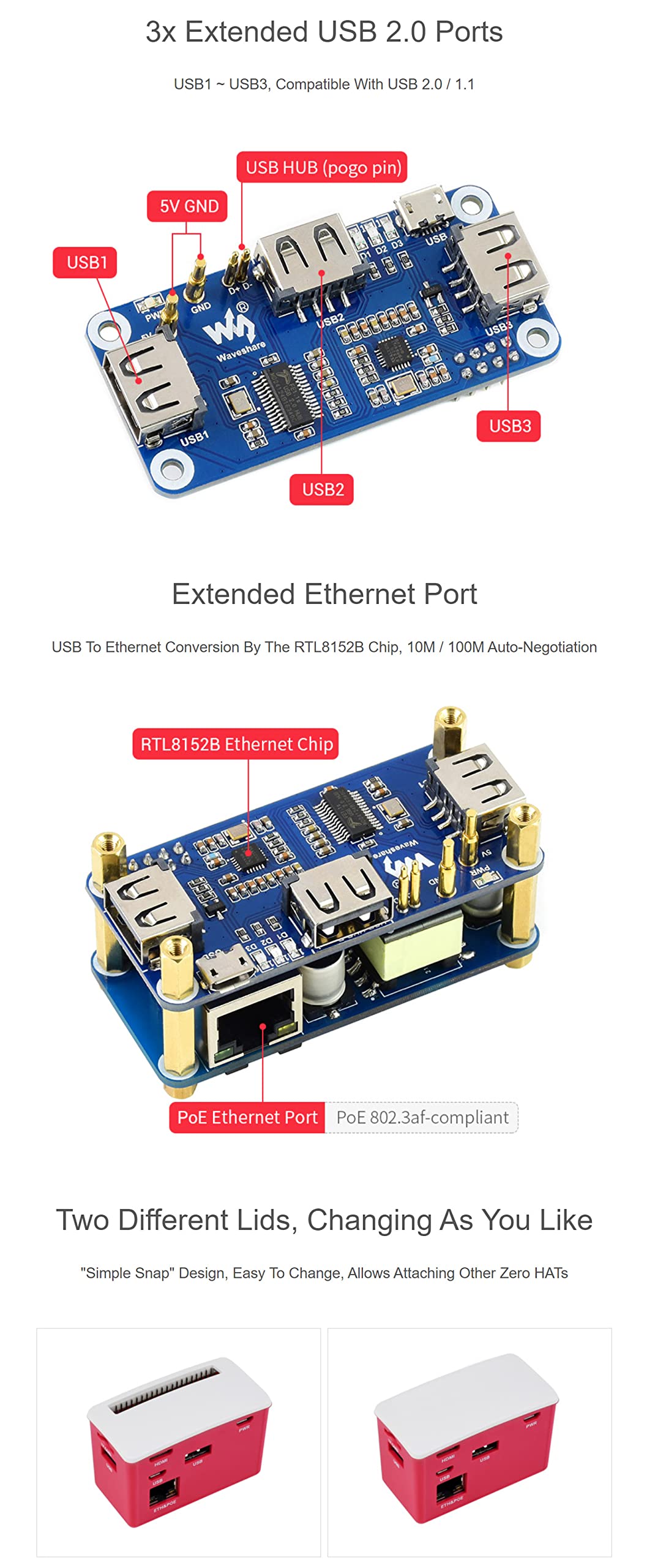 Coolwell - Caja de concentradores PoE Ethernet/USB compatible con Raspberry Pi Zero Series, con PoE/ETH/USB HUB HAT en el interior, compatible con 802.3af, incluye 3 puertos USB 2.0