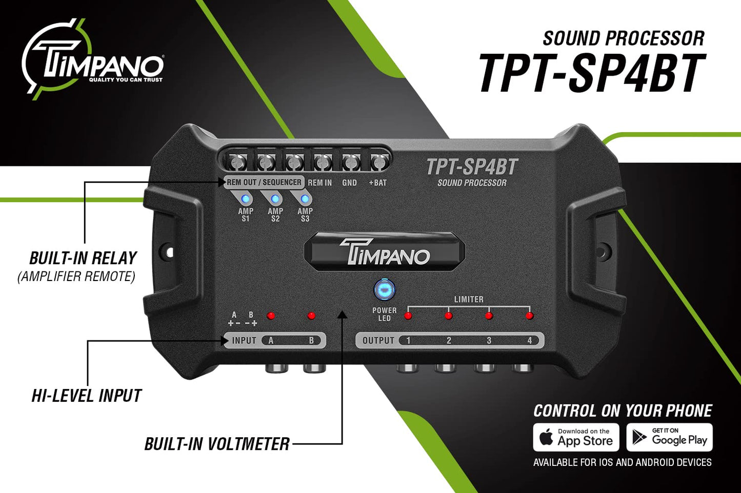 Procesador de Audio DSP Timpano Bluetooth con Voltímetro y Relé Remoto para Coche