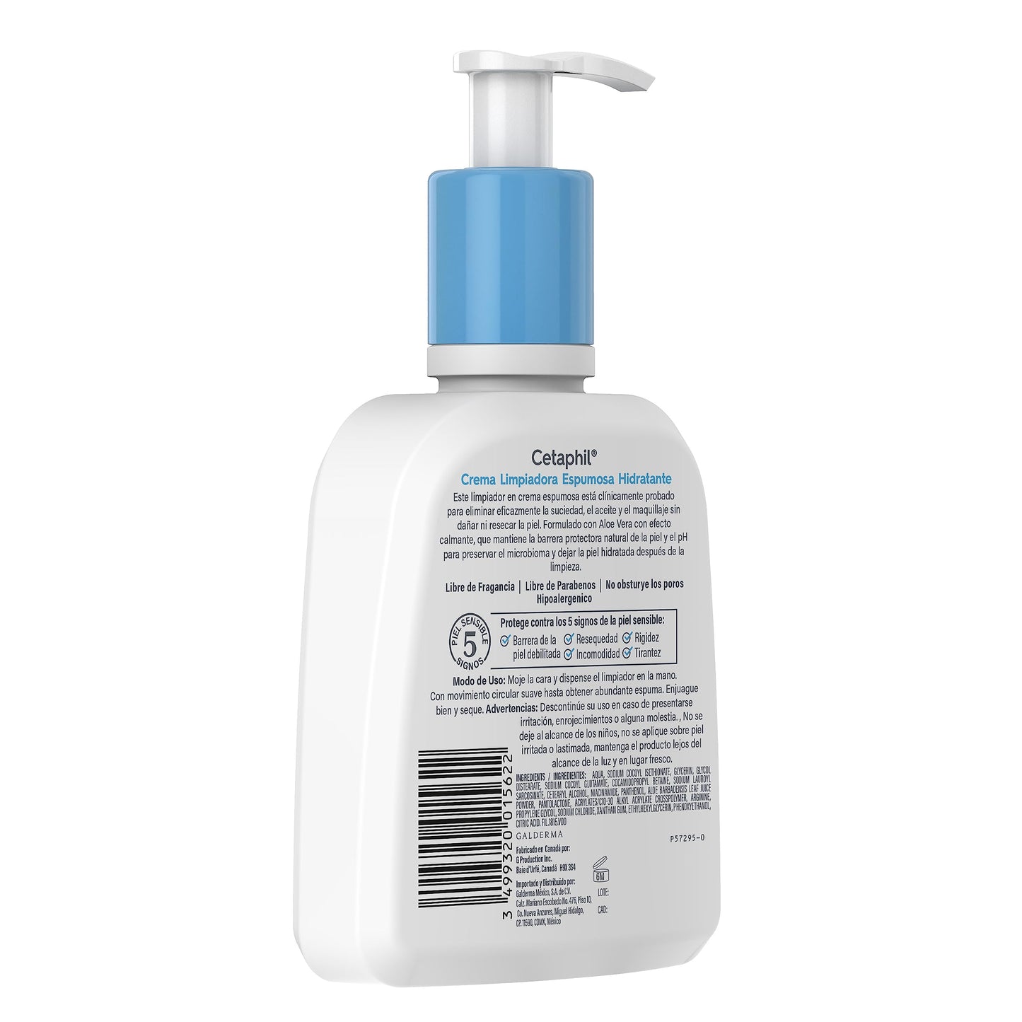CETAPHIL Crema Limpiadora Espumosa Hidrantante, elimina la suciedad, aceite y maquillaje sin dañar la barrera de la piel, de 237 ml, Recomendada por Dermàtologos para Piel Sensible