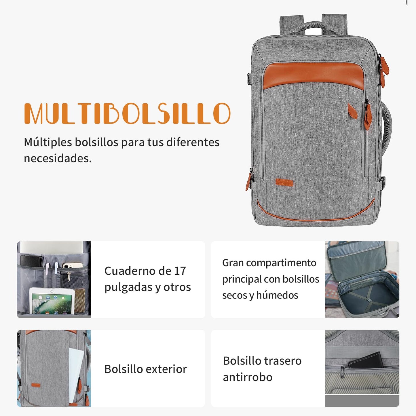 Juego de mochila de viaje de 5 piezas, mochila de equipaje certificada por vuelo extra grande 40 L, maleta expandible con 4 bolsas de almacenamiento, mochila de negocios impermeable, unisex (Gris)